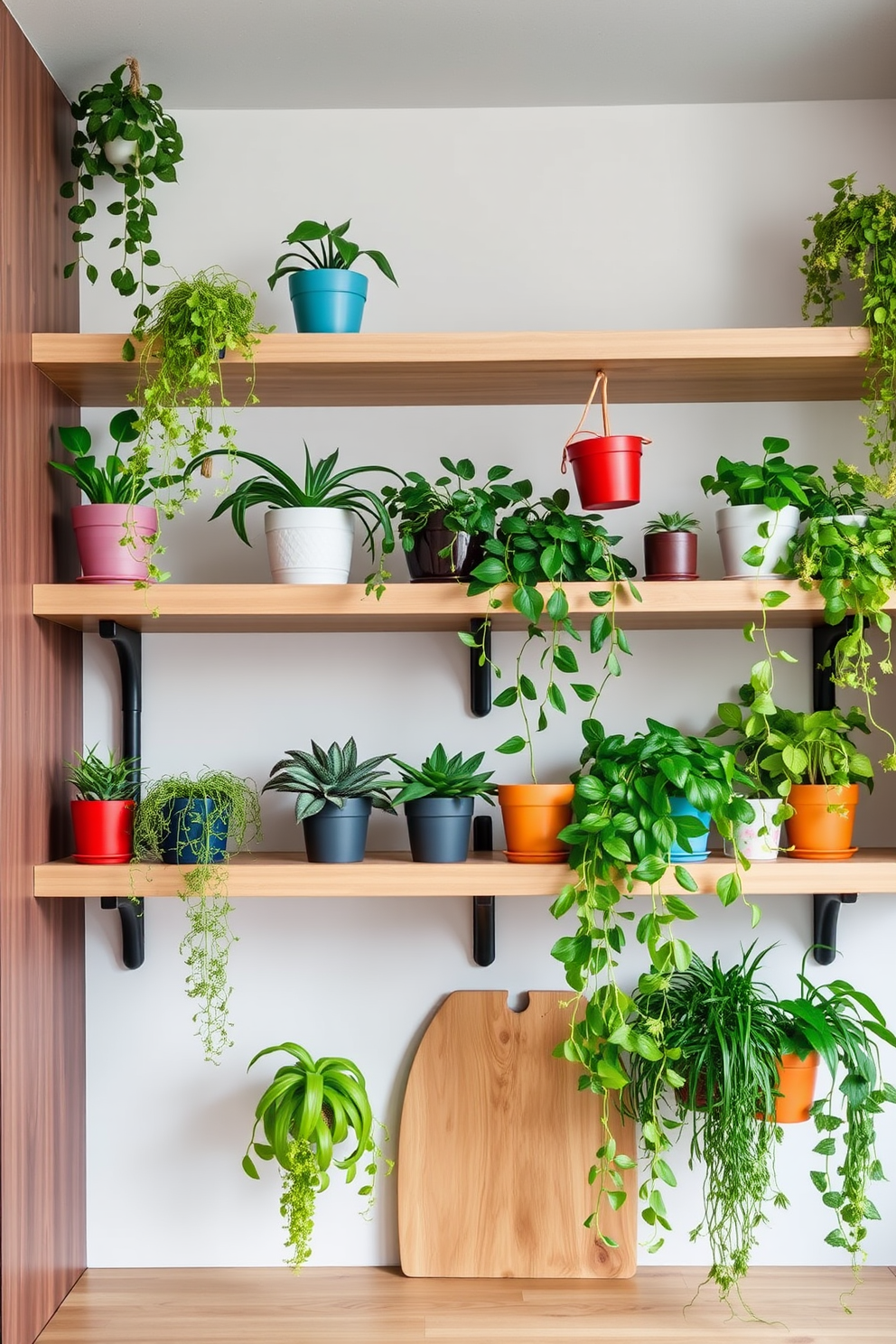 A modern kitchen featuring open shelves with various hanging plants cascading from the edges. The shelves are made of light wood and are adorned with colorful ceramic pots filled with vibrant greenery.