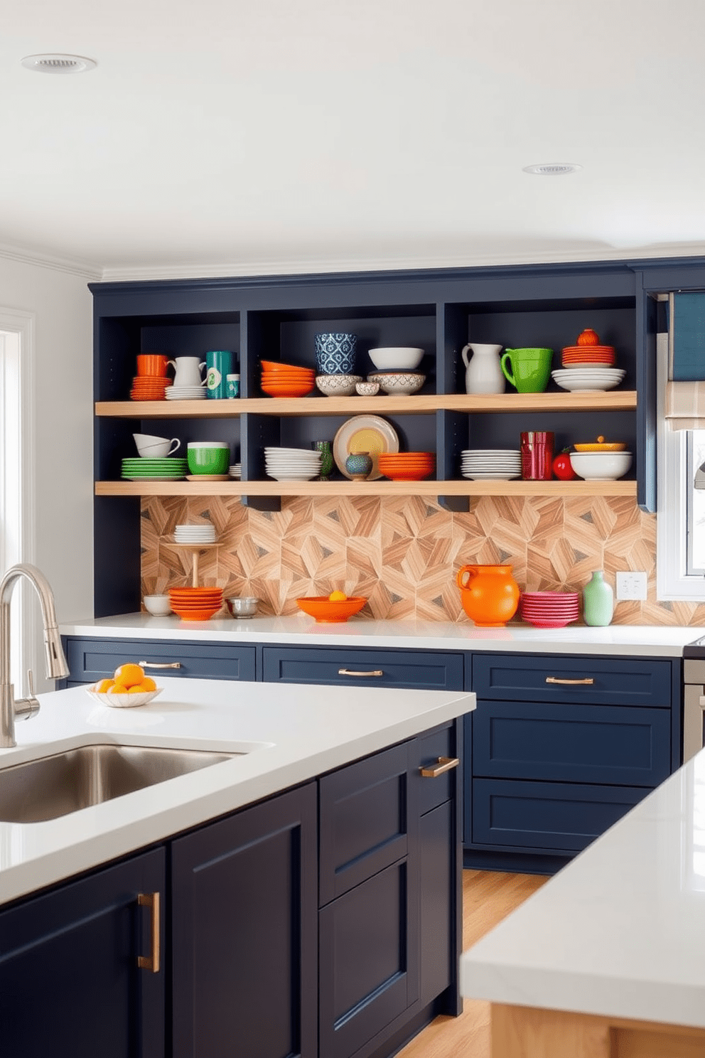 A modern kitchen featuring open shelves that display an array of colorful dishware and decorative items. The cabinetry is a deep navy blue, contrasting beautifully with the light wood shelves that create an inviting and airy feel. The countertops are a crisp white, providing a clean backdrop for the vibrant colors of the kitchen accessories. A bold backsplash in a geometric pattern adds an extra layer of visual interest to the space.