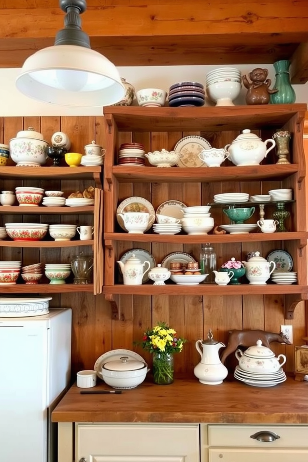 Rustic wooden shelves display an array of vintage dishes in a warm and inviting kitchen. The shelves are adorned with colorful ceramics and glassware, creating a charming focal point that enhances the cozy atmosphere.