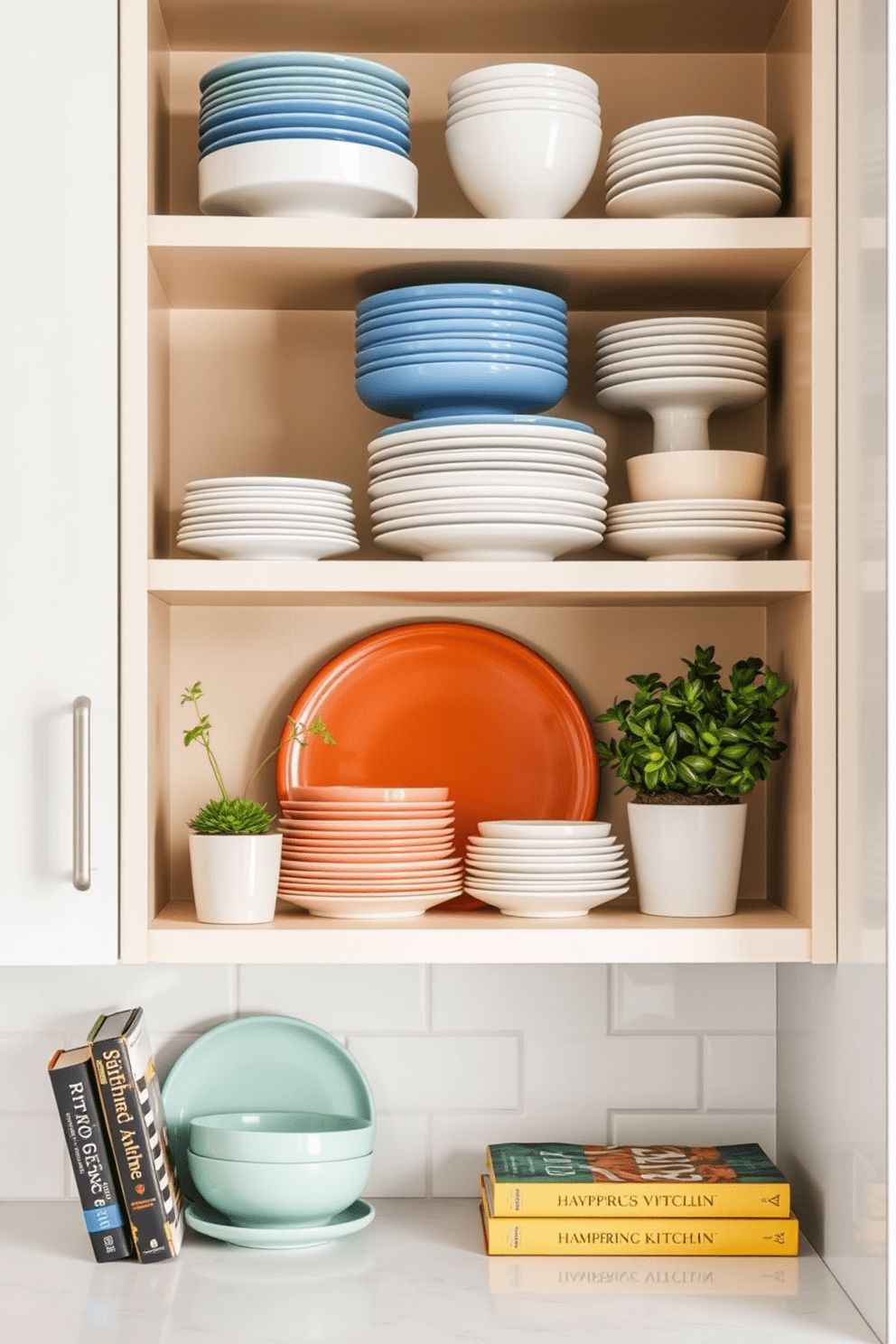 A modern kitchen featuring open shelves with neatly stacked dishes arranged by color. Decorative accents such as potted herbs and stylish cookbooks are placed on the shelves to create a warm and inviting atmosphere.