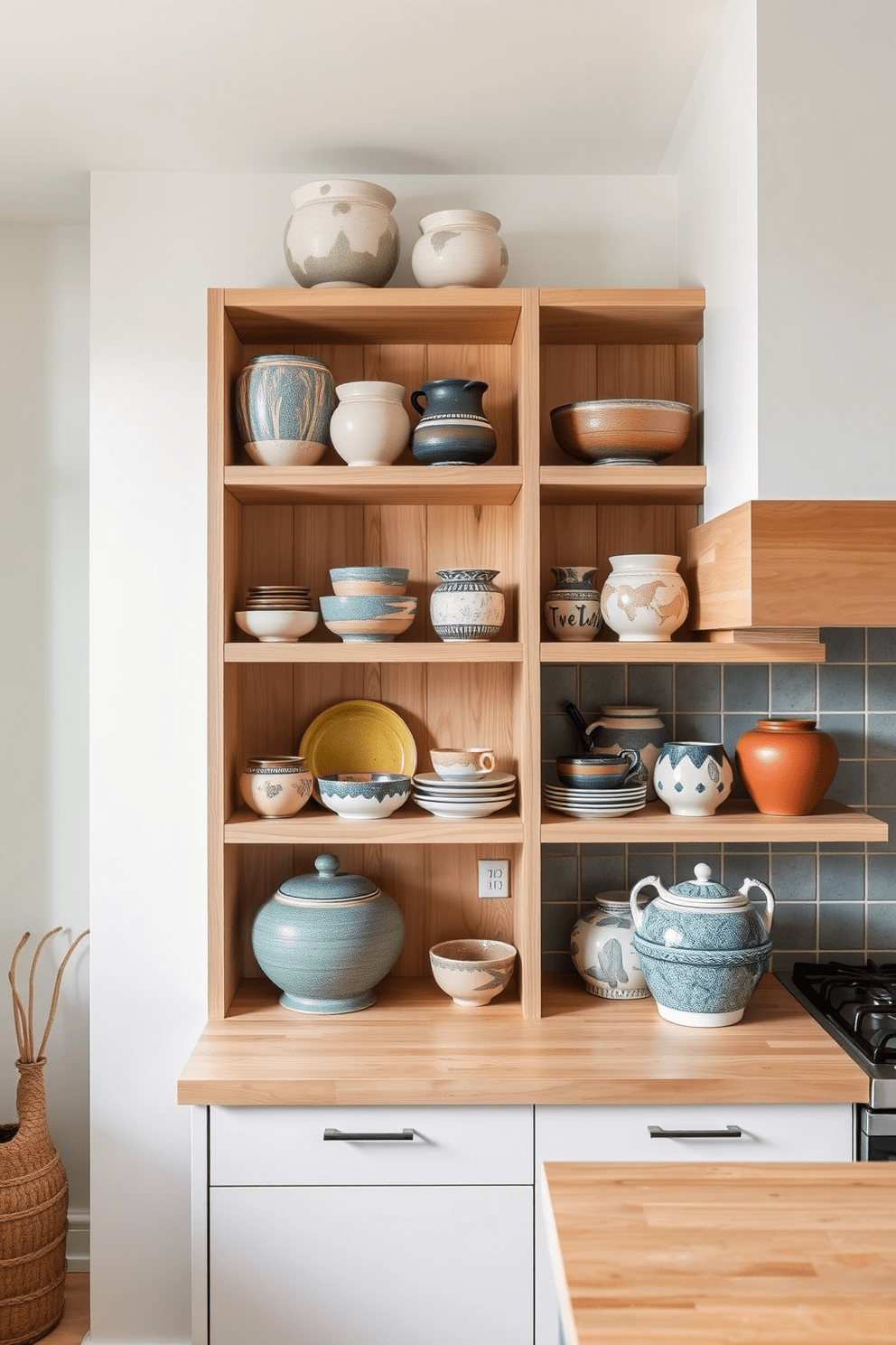 A modern kitchen featuring open shelves displaying an array of handmade pottery. The shelves are crafted from light wood and are adorned with colorful ceramic pieces that add a personal touch to the space.