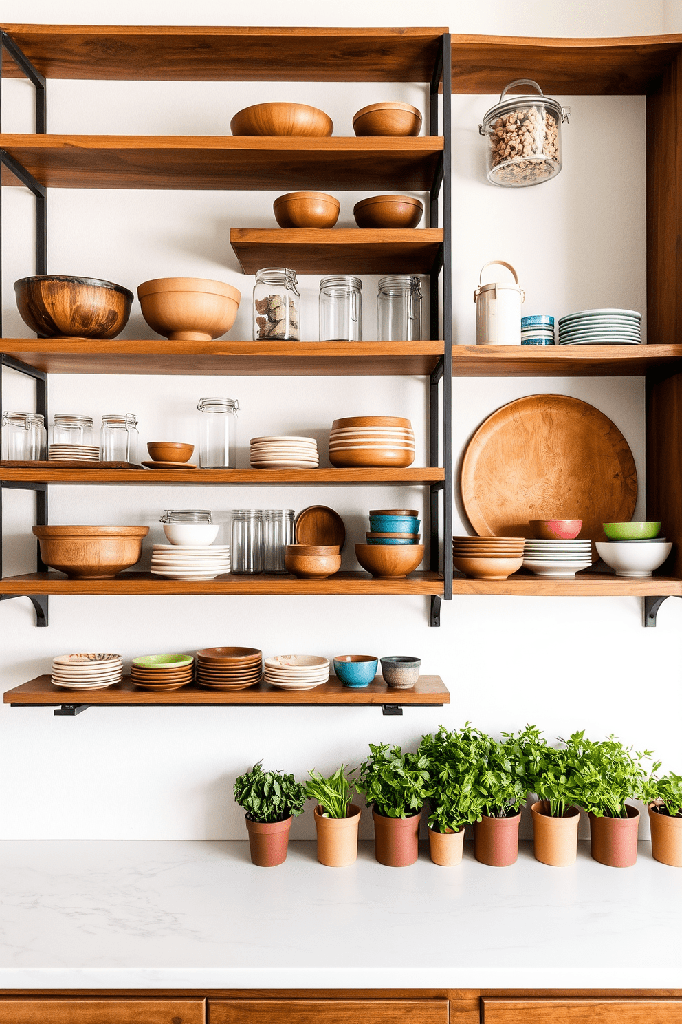 Open shelves adorned with a variety of textures create an inviting and functional kitchen space. The shelves are filled with rustic wooden bowls, sleek glass jars, and vibrant ceramic dishes, showcasing a harmonious blend of materials. The backdrop features a soft white wall that enhances the visual appeal of the shelves. Underneath, a smooth marble countertop complements the eclectic display above, while a row of potted herbs adds a touch of greenery.