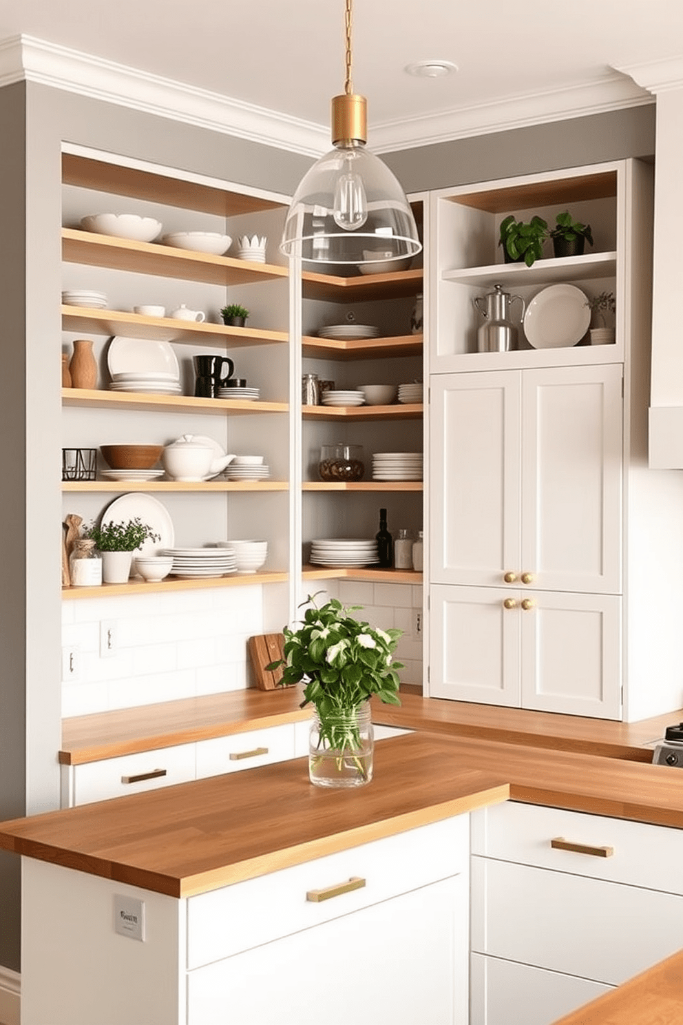 A modern kitchen featuring open shelves in a minimalist design. The corner shelves are elegantly arranged with a mix of decorative dishes and potted herbs, maximizing space while maintaining a clean aesthetic. The cabinetry is a sleek white with brass handles, complementing the warm wooden countertops. A stylish pendant light hangs above the island, creating a focal point that enhances the inviting atmosphere.