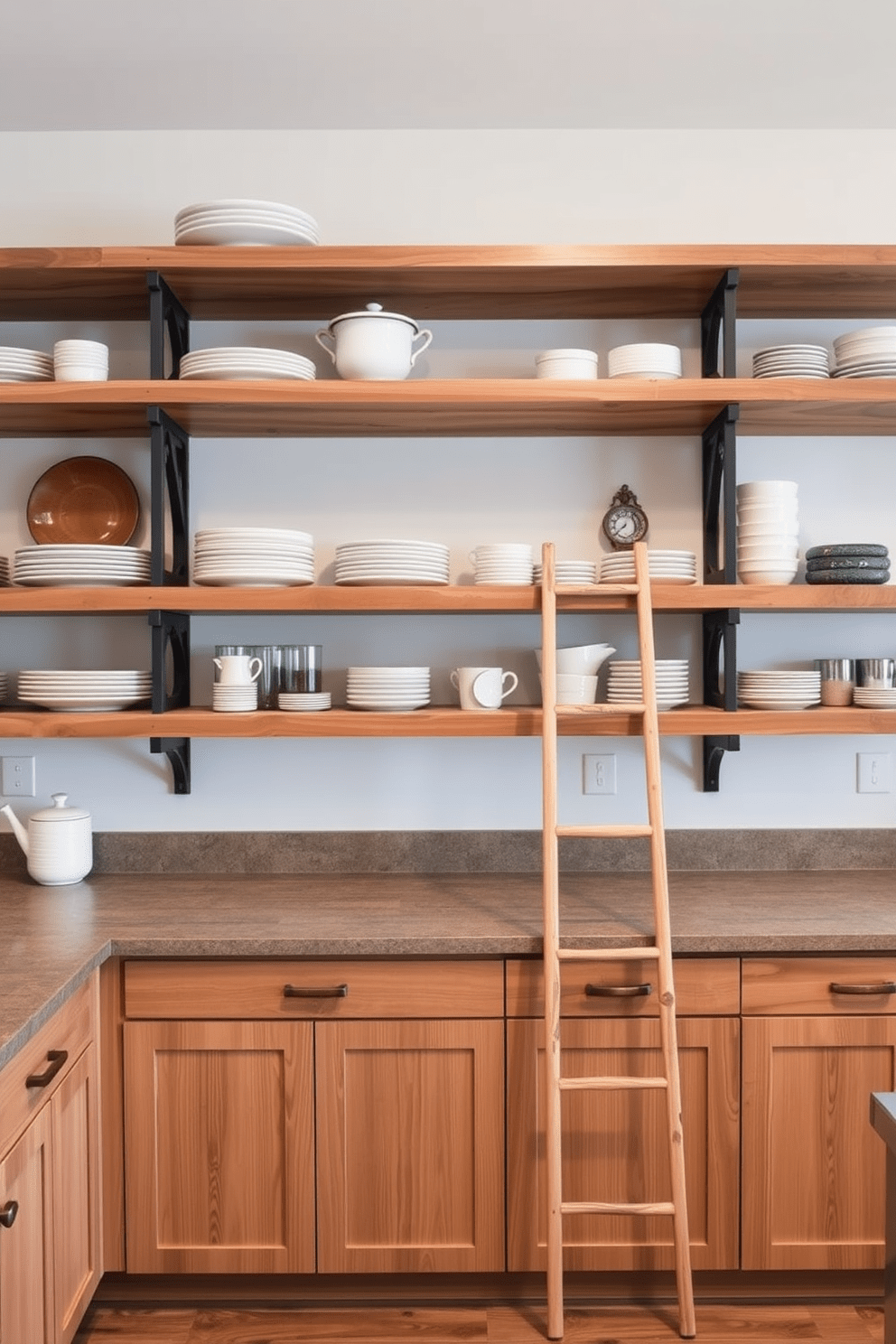 A modern kitchen featuring open shelves made of reclaimed wood. A stylish ladder is positioned against the shelves for easy access to dishware and decorative items.