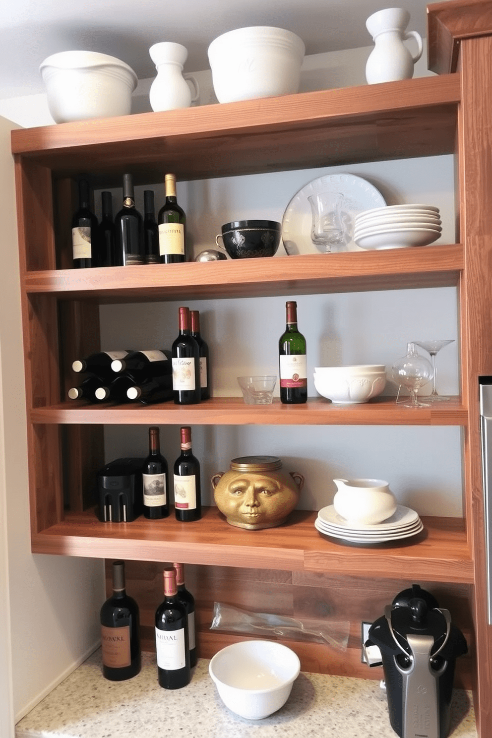 Functional shelves with integrated wine racks create an elegant and practical storage solution in the kitchen. The open shelves are crafted from reclaimed wood, showcasing a mix of wine bottles and decorative kitchenware for a warm, inviting atmosphere.