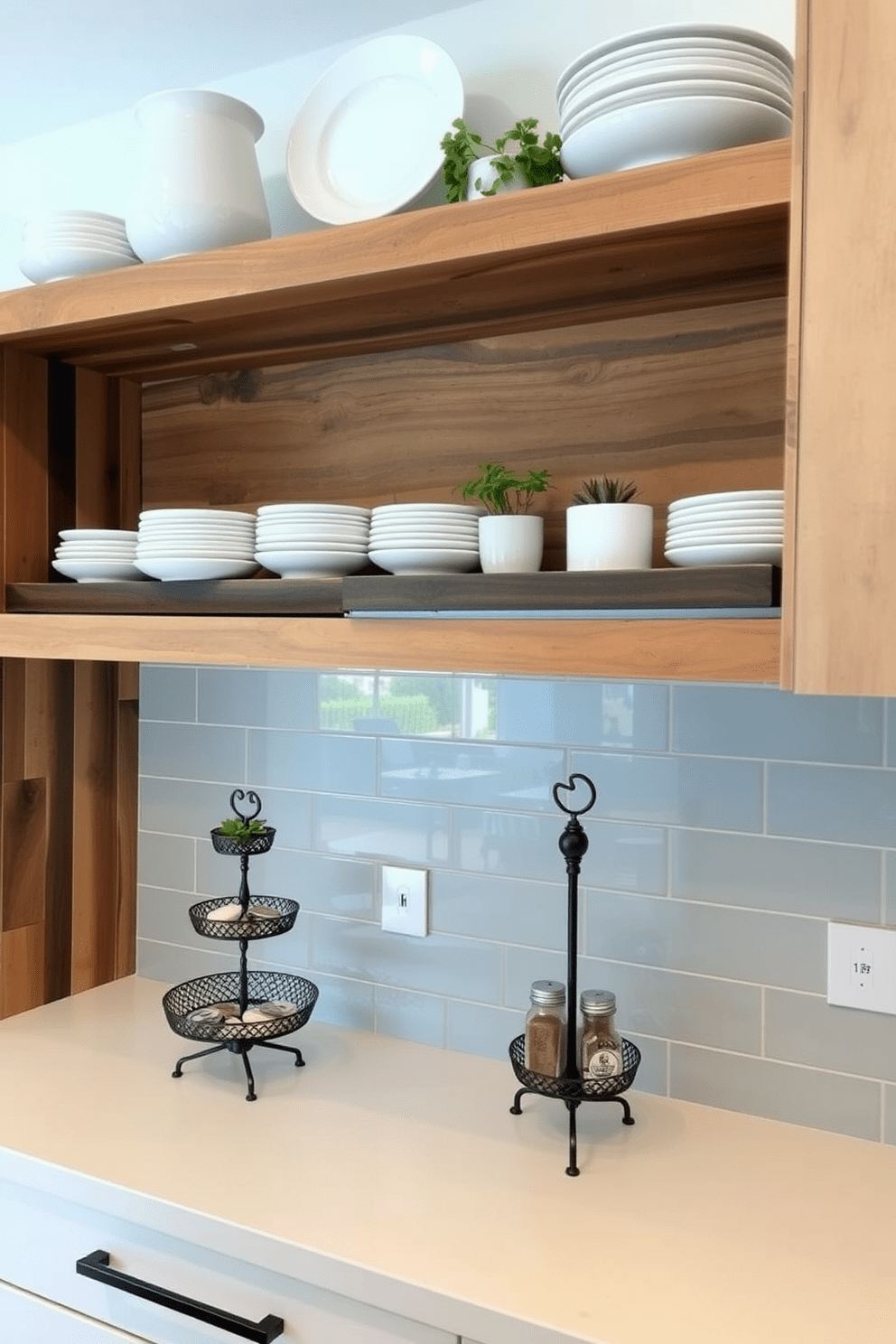 A modern kitchen featuring open shelves made of reclaimed wood, displaying neatly arranged dishware and small potted herbs. Below the shelves, a sleek countertop holds tiered stands for small items such as spices and cooking utensils, adding both functionality and style.