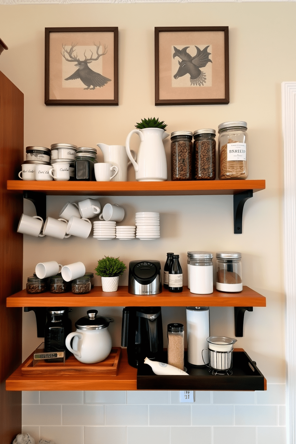 A charming coffee station is set up on open shelves in a cozy kitchen. The shelves are filled with an assortment of coffee mugs, a sleek coffee maker, and jars of coffee beans, creating an inviting atmosphere. Above the shelves, decorative wall art complements the warm wood tones of the shelves. A small potted plant adds a touch of greenery, while a stylish tray holds sugar and cream for easy access.