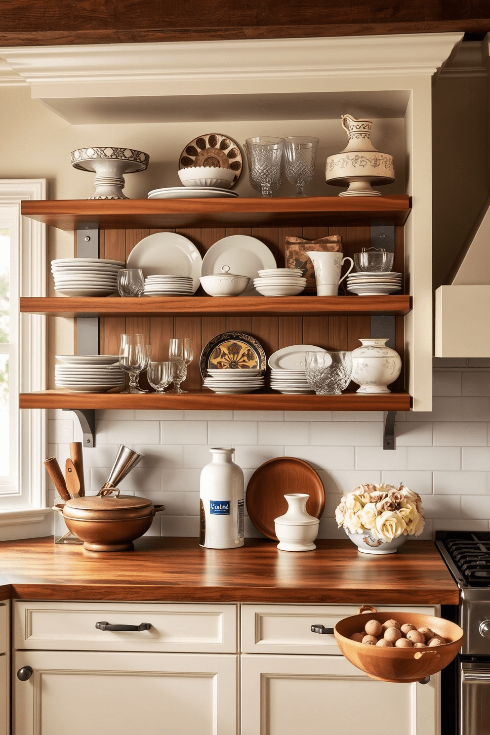 A beautifully designed kitchen featuring open shelves that showcase family heirlooms. The shelves are filled with vintage dishes, glassware, and decorative items that tell a story and add sentimental value to the space.