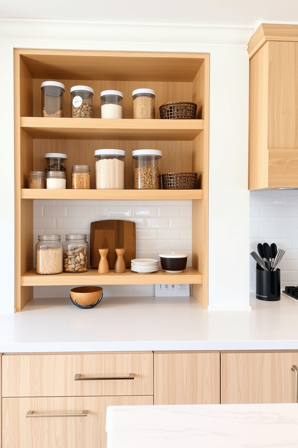 A modern kitchen featuring open shelves made of light wood, showcasing clear containers filled with various ingredients for a clean and organized appearance. The countertops are a sleek white quartz, providing a bright contrast to the warm wood tones while the backsplash features simple white subway tiles for a timeless look.