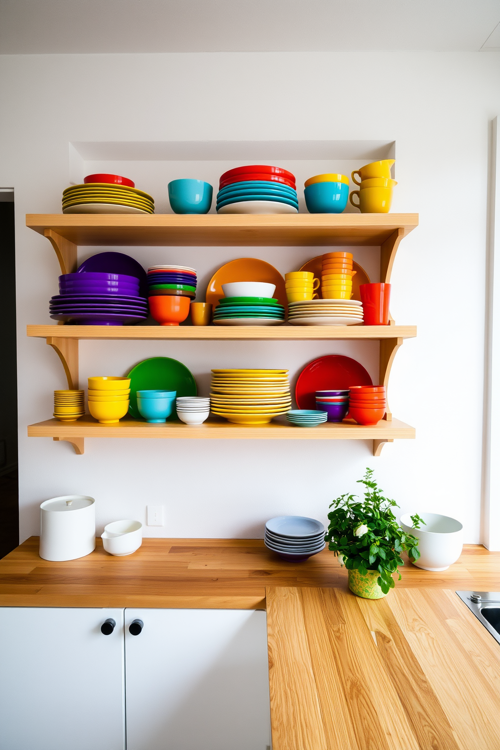 Colorful dishware arranged by hue creates a vibrant focal point in the kitchen. The open shelves display an array of plates, bowls, and cups in a spectrum of colors, enhancing the overall aesthetic. The shelves are made of light wood, providing a warm contrast to the white walls. Below, a wooden countertop complements the dishware, while a small potted herb adds a touch of greenery.