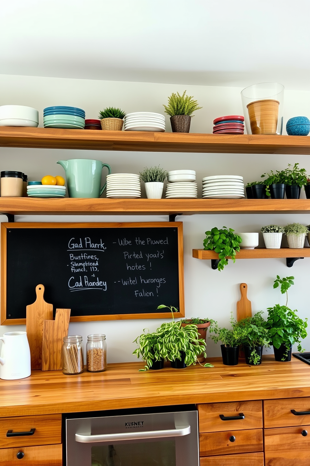 A modern kitchen featuring open shelves made of reclaimed wood, displaying an array of colorful dishware and potted herbs. A large chalkboard is mounted on the wall, providing a space for notes and lists, adding a functional yet stylish element to the design.