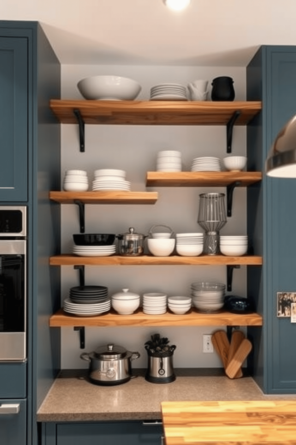 A modern kitchen featuring open shelves supported by stylish metal brackets. The reclaimed wood shelves display an array of curated kitchenware, adding warmth and character to the space.