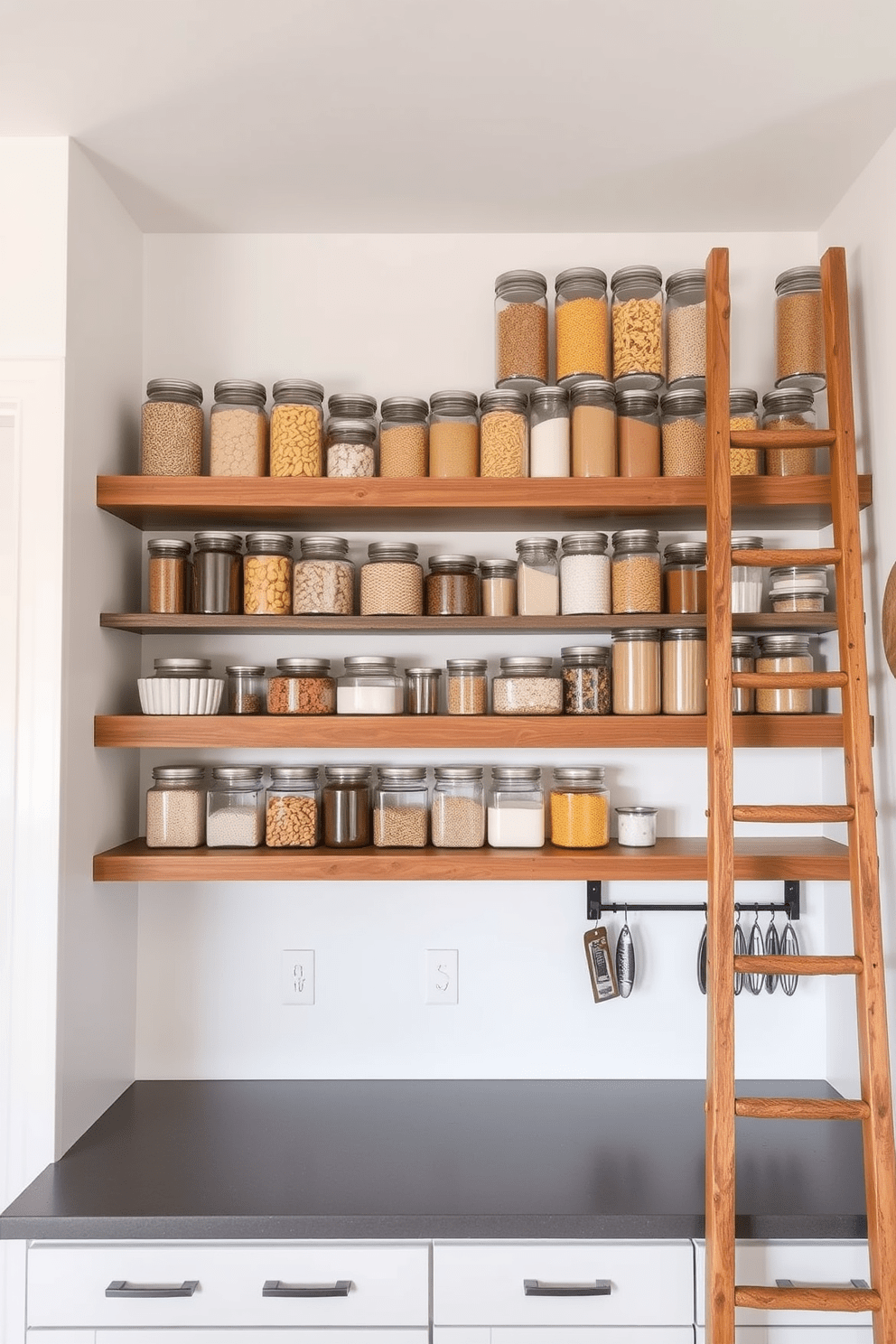 A modern kitchen featuring open shelves made of reclaimed wood, showcasing an array of glass jars filled with pantry staples such as pasta, rice, and spices. The walls are painted in a soft white, creating a bright and airy atmosphere, while a stylish wooden ladder leans against the shelves for easy access.