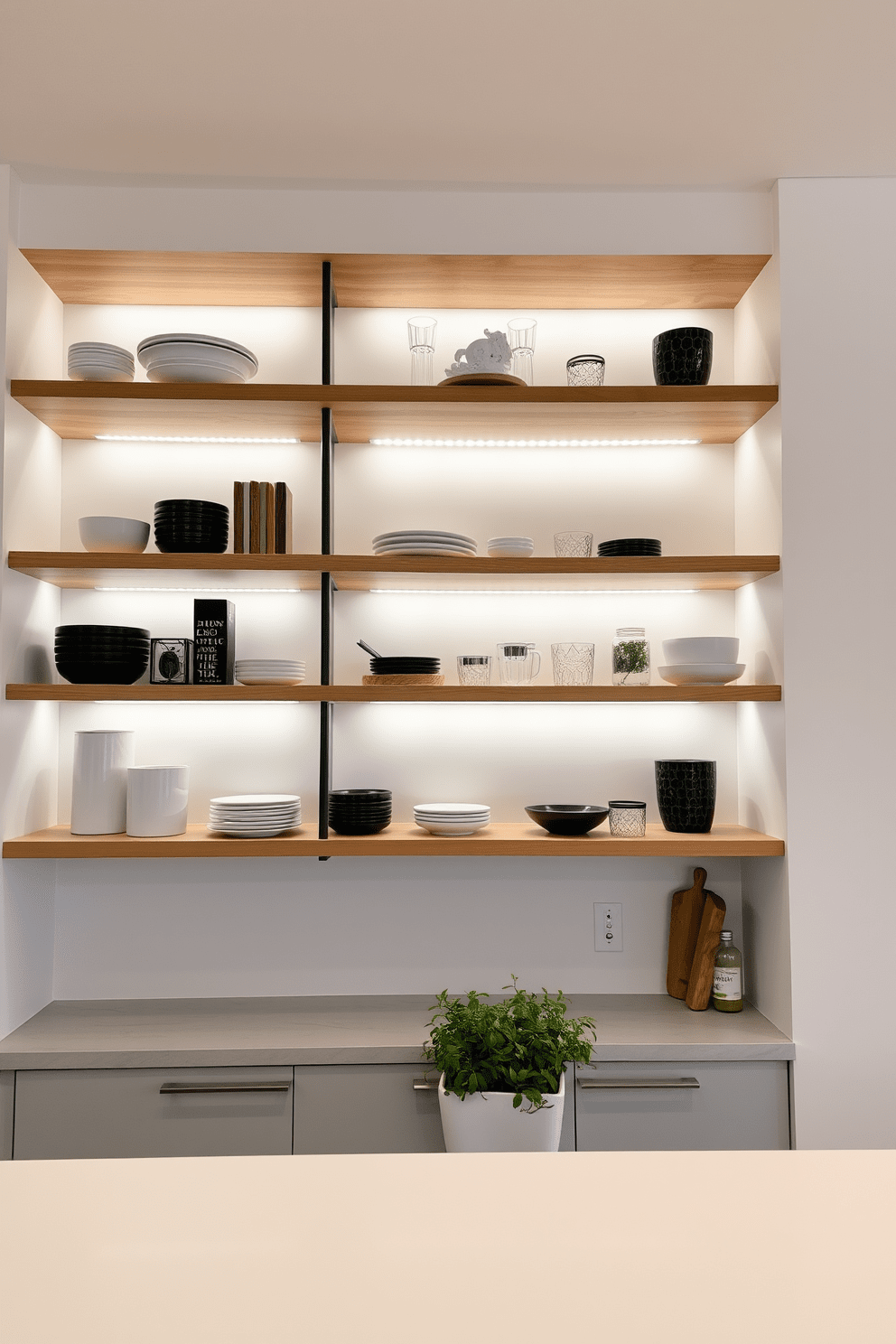 A modern kitchen featuring open shelving with integrated lighting. The shelves are made of natural wood and are illuminated from above, showcasing an array of stylish dishware and decorative items. The walls are painted in a soft white, creating a bright and airy atmosphere. Below the shelves, a sleek countertop complements the overall design, while a few potted herbs add a touch of greenery.