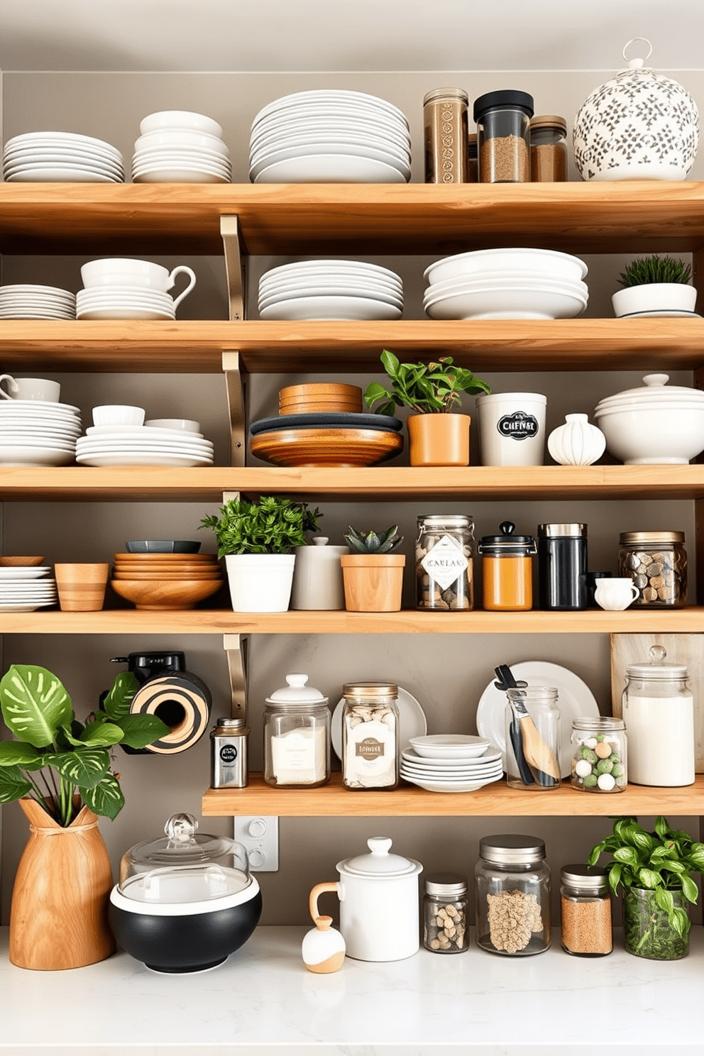 Layered shelves create a visually captivating kitchen space filled with depth and interest. The open shelves are adorned with a mix of stylish dishware, potted plants, and decorative jars, showcasing both functionality and aesthetics.