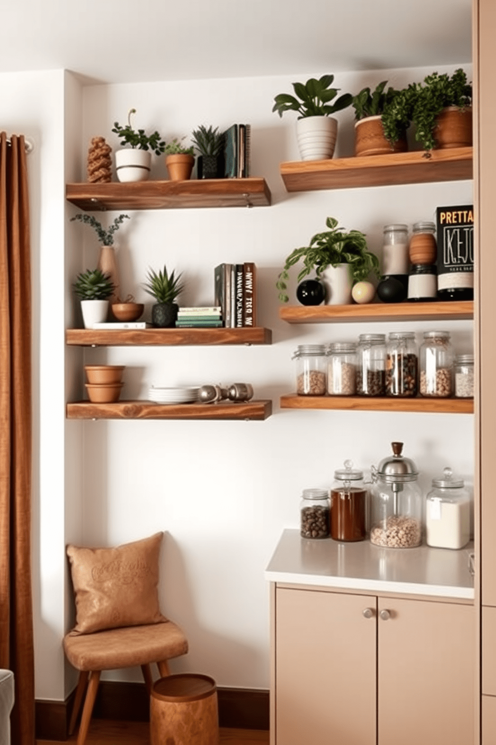 A cozy corner nook features floating shelves made of reclaimed wood, adorned with potted plants and decorative books. The warm, inviting atmosphere is enhanced by soft lighting that highlights the textures of the shelves and the surrounding walls. In the kitchen, open shelves display an array of colorful dishware and glass jars filled with ingredients. The minimalist design emphasizes functionality while creating an airy feel, complemented by a neutral color palette and sleek cabinetry.