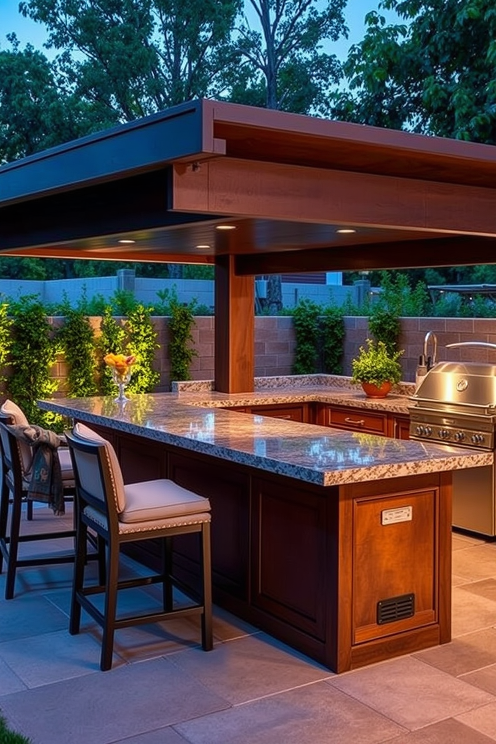 A stylish multi-functional outdoor bar features sleek wooden cabinetry with a polished granite countertop. Surrounding the bar are comfortable stools with weather-resistant cushions, inviting guests to relax and enjoy. The outdoor kitchen design includes a built-in grill, a sink, and ample counter space for food preparation. Lush greenery and ambient lighting create a warm and inviting atmosphere for entertaining.