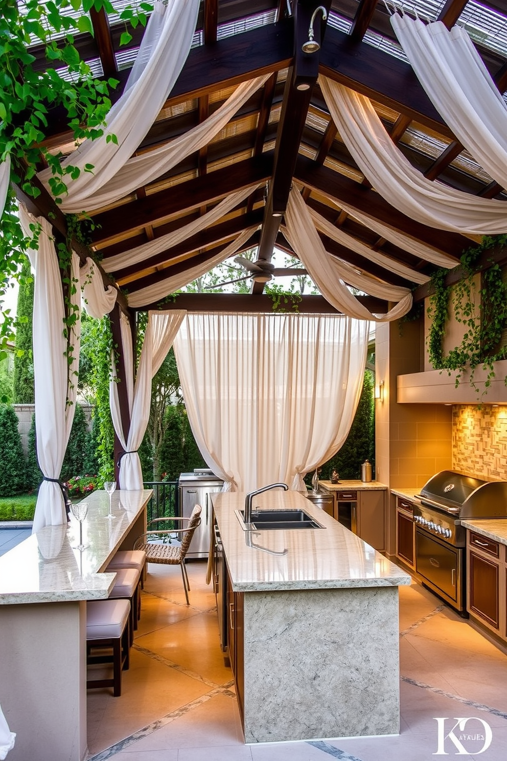 An elegant pergola provides shade for a stylish outdoor kitchen. The structure features a wooden frame with climbing vines and soft drapery that filters sunlight beautifully. The kitchen area includes a large island with a polished stone countertop and bar seating. Surrounding the space are built-in cabinets and a sleek grill, complemented by ambient lighting for evening gatherings.