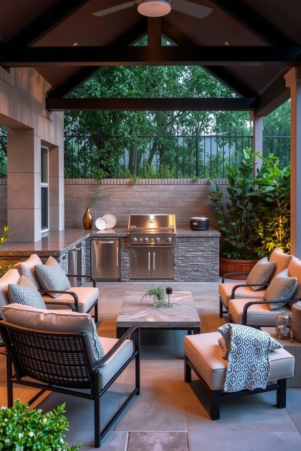 A stylish outdoor kitchen area designed for relaxation and entertaining. The space features a built-in grill with a sleek stainless steel finish, surrounded by a large stone countertop that provides ample prep space. Comfortable lounge chairs with plush cushions are arranged around a low coffee table, creating an inviting atmosphere for social gatherings. Lush greenery and ambient lighting enhance the cozy vibe of this grill and chill zone.