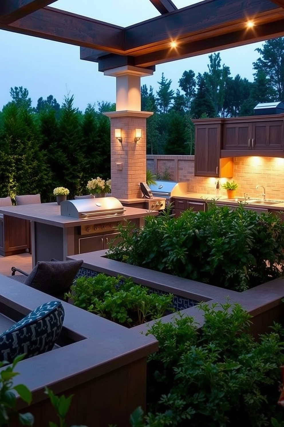 An inviting outdoor kitchen features a spacious island with a built-in grill and bar seating. Surrounding the area, a lush herb garden flourishes, providing fresh ingredients for cooking. The kitchen is adorned with weather-resistant cabinetry and sleek countertops, perfect for entertaining guests. Soft ambient lighting illuminates the space, creating a warm and welcoming atmosphere for evening gatherings.