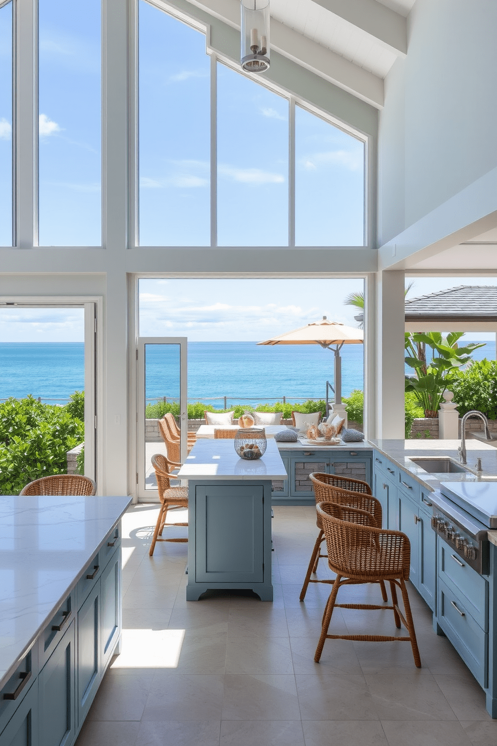 A seaside kitchen with large windows showcasing a stunning ocean view. The design features light blue cabinetry, white marble countertops, and a spacious island with bar seating. The kitchen is open and airy, with natural light flooding in from the ocean-facing windows. A cozy dining area with a wooden table and rattan chairs complements the coastal aesthetic. Outdoor kitchen design ideas include a built-in grill, a stone countertop, and a shaded seating area. Lush greenery surrounds the space, creating a relaxing atmosphere for entertaining guests.