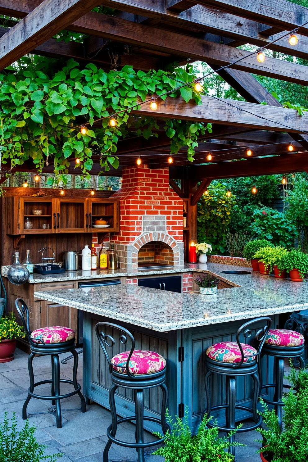 A vintage style outdoor kitchen with charm features a rustic wooden pergola overhead adorned with climbing vines. The cooking area includes a brick pizza oven and a weathered wooden island topped with a polished granite surface. Surrounding the kitchen are vintage-style bar stools with colorful cushions, inviting guests to sit and enjoy. The space is enhanced by string lights overhead and potted herbs lining the edges, creating a warm and inviting atmosphere.