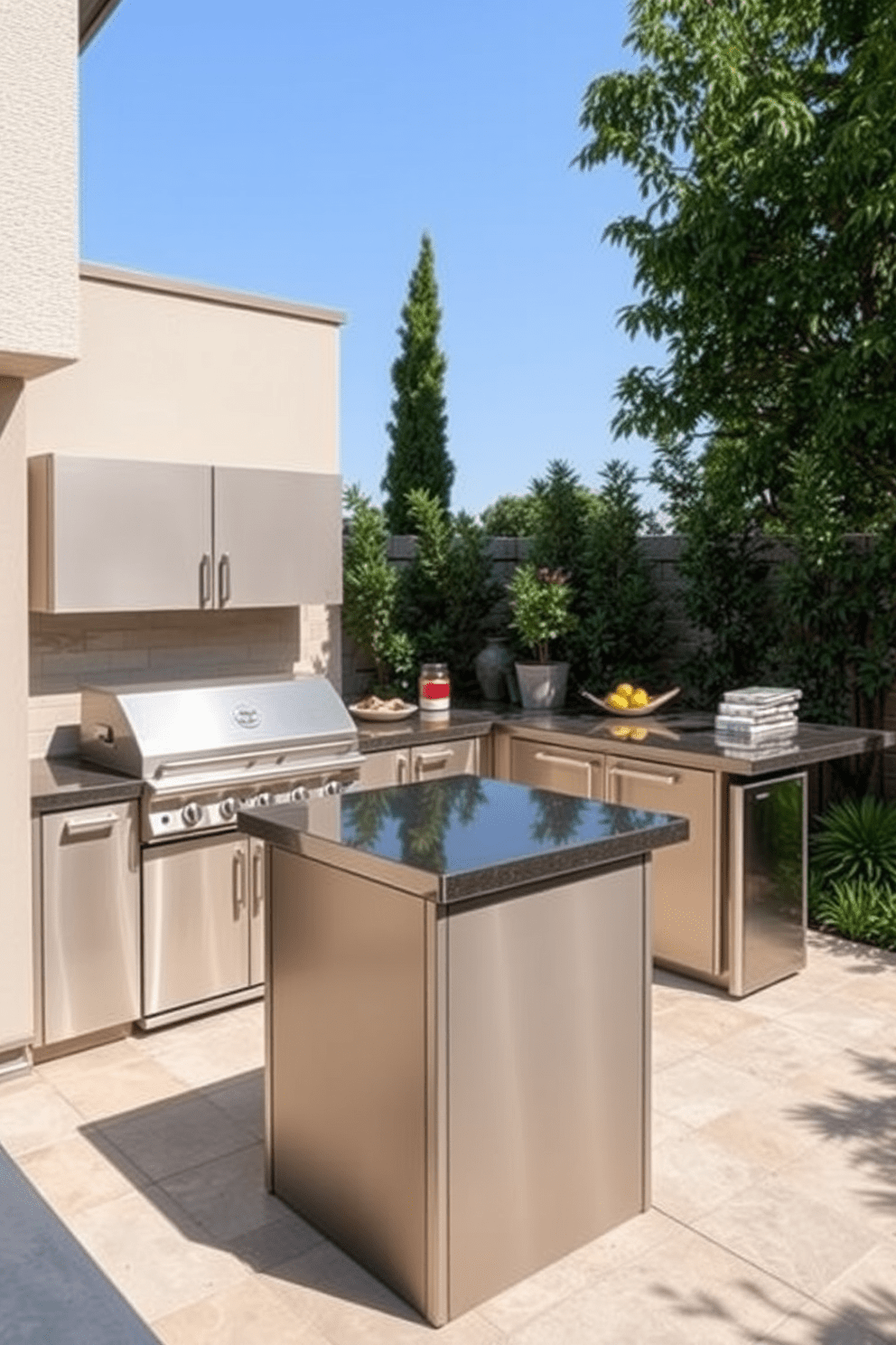 Sleek stainless steel appliances are seamlessly integrated into a modern outdoor kitchen setting. The design features a spacious island with a built-in grill and ample counter space for food preparation. The cabinetry is crafted from weather-resistant materials, providing both functionality and style. Surrounding the kitchen are lush plants and a cozy seating area, perfect for entertaining guests.