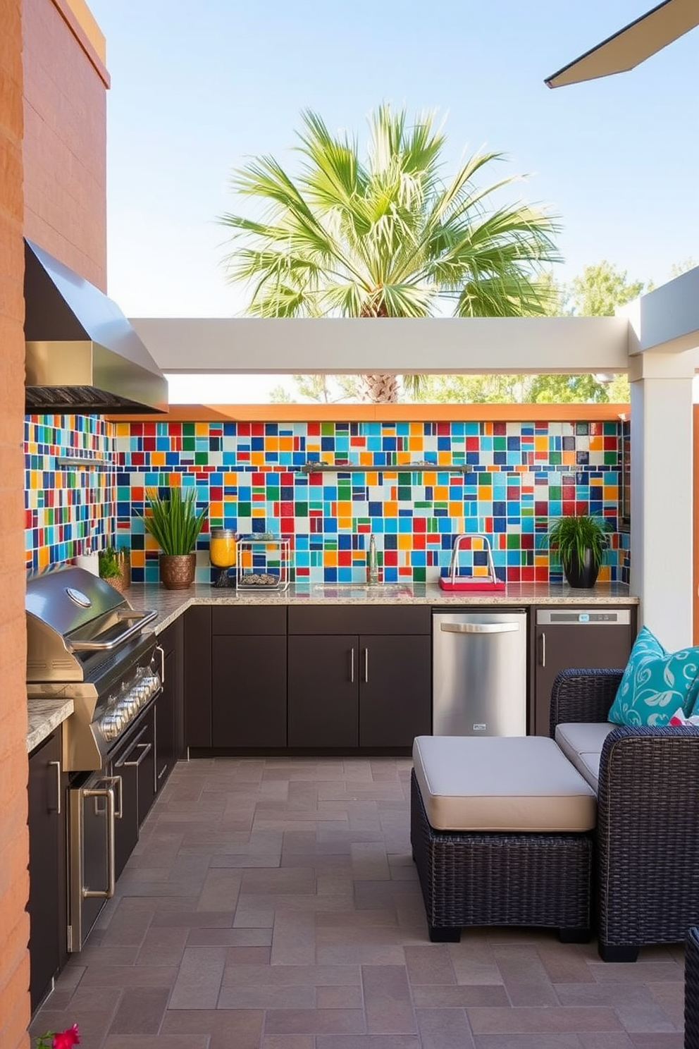 A vibrant outdoor kitchen featuring a colorful tile backsplash that adds a pop of visual interest. The space includes a built-in grill, a spacious countertop for food preparation, and comfortable seating for entertaining guests.