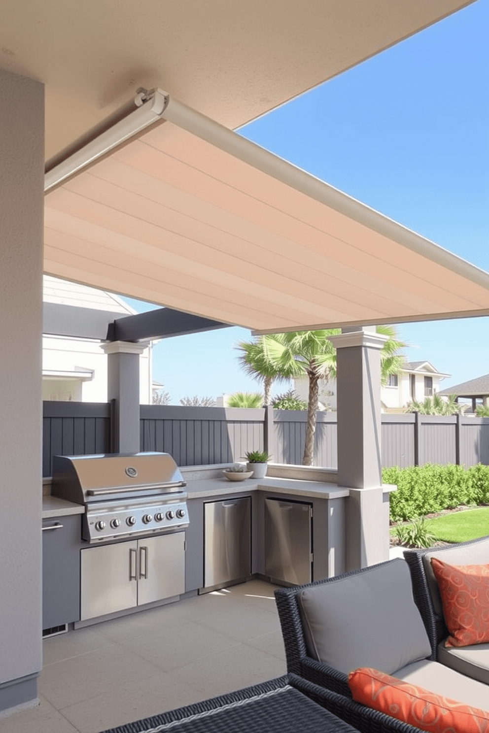 A modern outdoor kitchen features a retractable awning providing ample sun protection. The space includes a sleek grill, a spacious countertop, and comfortable seating for entertaining guests.