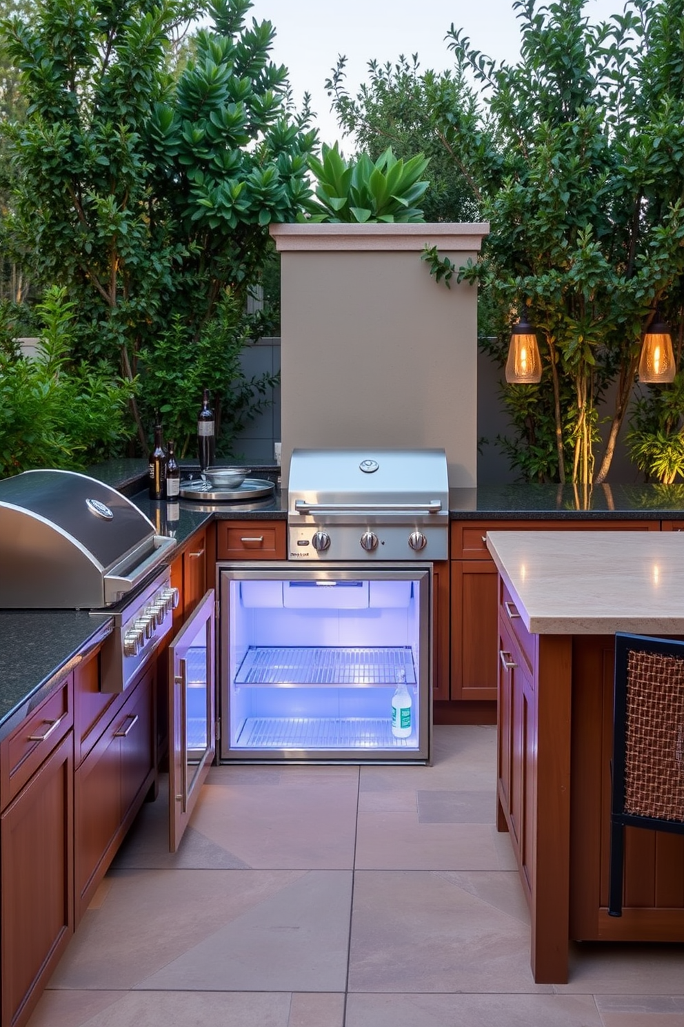 An outdoor kitchen featuring a built-in cooler is designed for both functionality and style. The space includes a large grill, sleek countertops, and ample seating to create an inviting atmosphere. The cooler is seamlessly integrated into the cabinetry, providing easy access to refreshments. Surrounding the kitchen, lush greenery and decorative lighting enhance the outdoor dining experience.