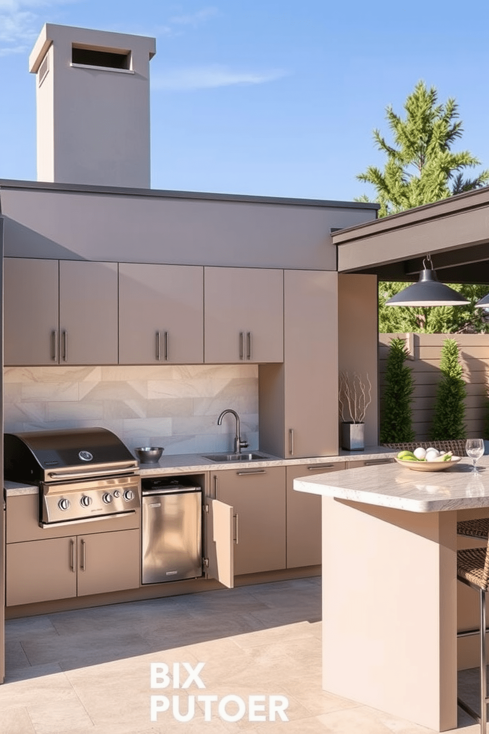 A modular outdoor kitchen featuring sleek cabinetry and ample storage options. The space includes a built-in grill, a large countertop for meal prep, and a stylish bar area with seating.