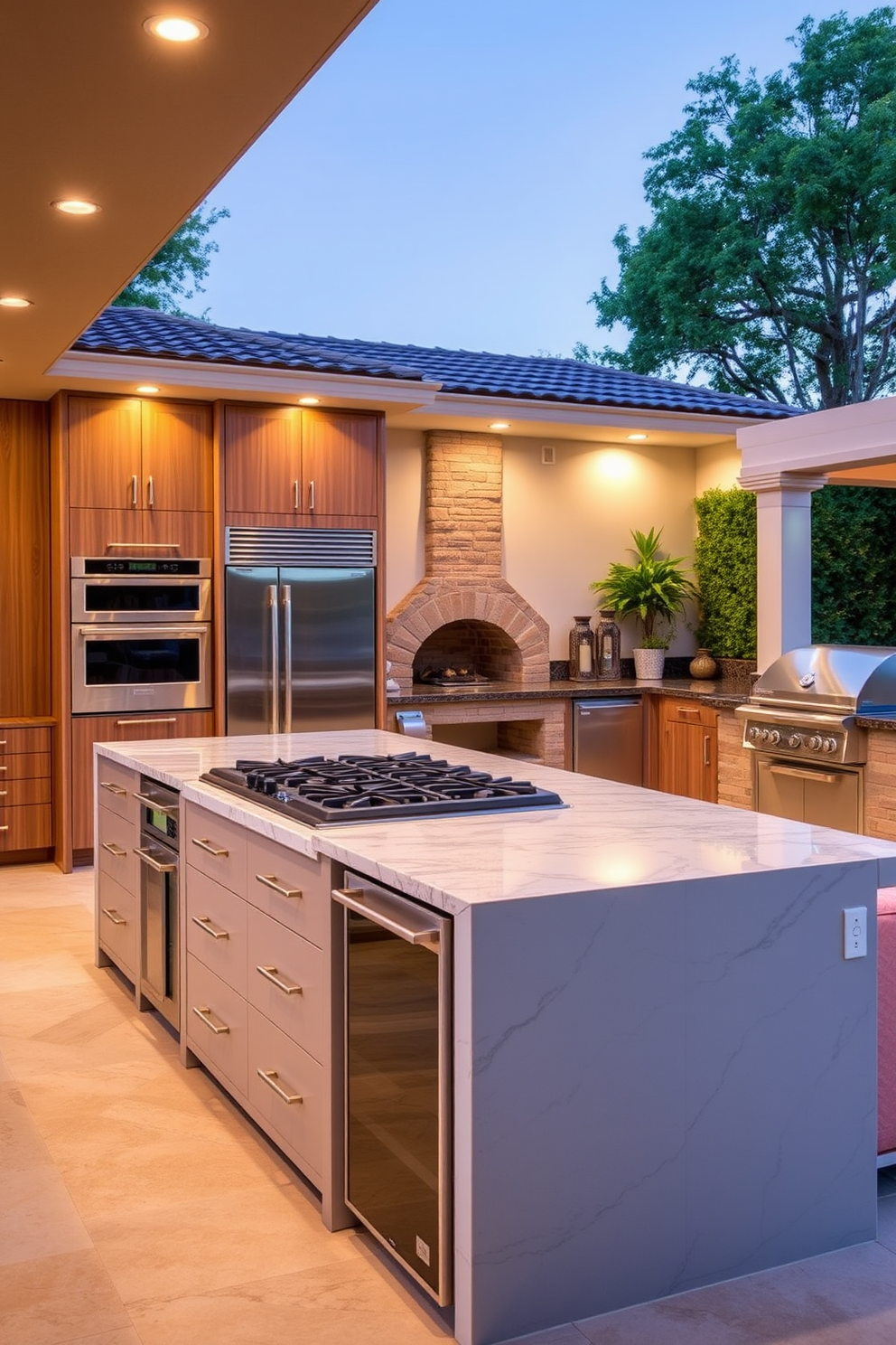 A modern chef's station features a large island with a polished granite countertop and built-in gas stovetop. Surrounding the island are sleek stainless steel appliances, including a double oven and a spacious refrigerator, all set against a backdrop of custom cabinetry. The outdoor kitchen design includes a stone pizza oven and a built-in grill, perfect for entertaining guests. Lush greenery and ambient lighting create a warm and inviting atmosphere for dining al fresco.