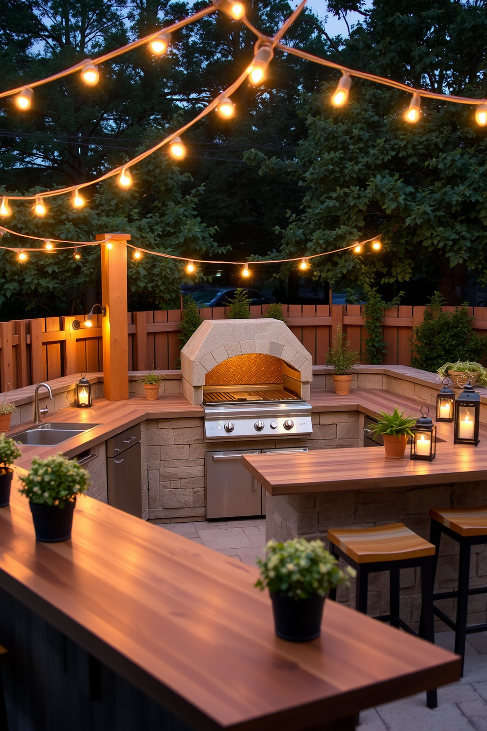 A cozy outdoor kitchen designed for evening gatherings. The space features a large stone barbecue grill, surrounded by a wooden countertop with bar stools, creating an inviting atmosphere. Soft warm lighting illuminates the area, with string lights draped overhead and lanterns placed on the countertops. Potted herbs and plants add a touch of greenery, enhancing the charm of the outdoor cooking space.