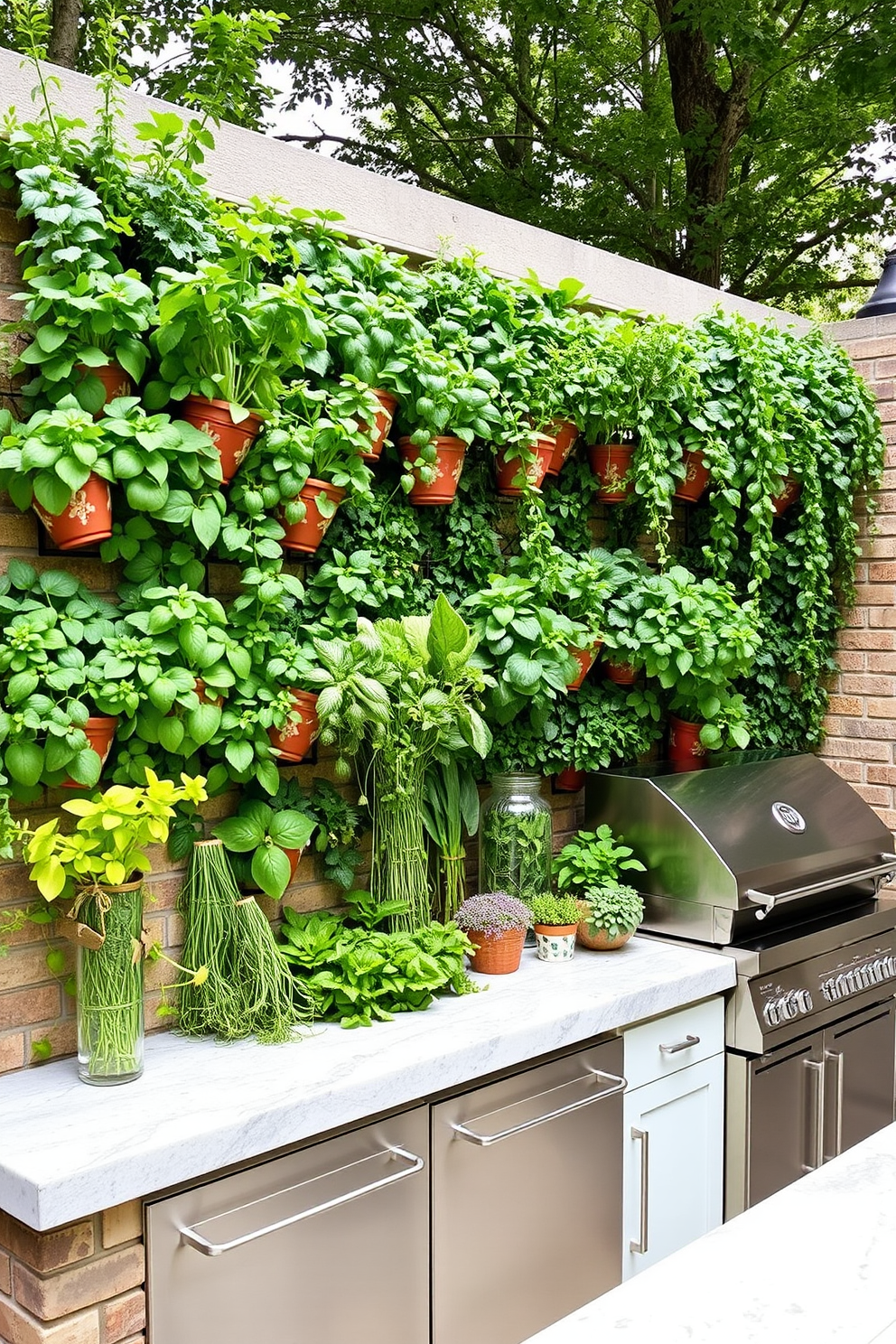 A culinary herb wall adorned with vibrant green plants creates a fresh and inviting atmosphere. The wall features an array of herbs in decorative pots, easily accessible for cooking. An outdoor kitchen designed with sleek stainless steel appliances complements the natural surroundings. A spacious countertop made of durable stone provides ample space for meal preparation and entertaining.