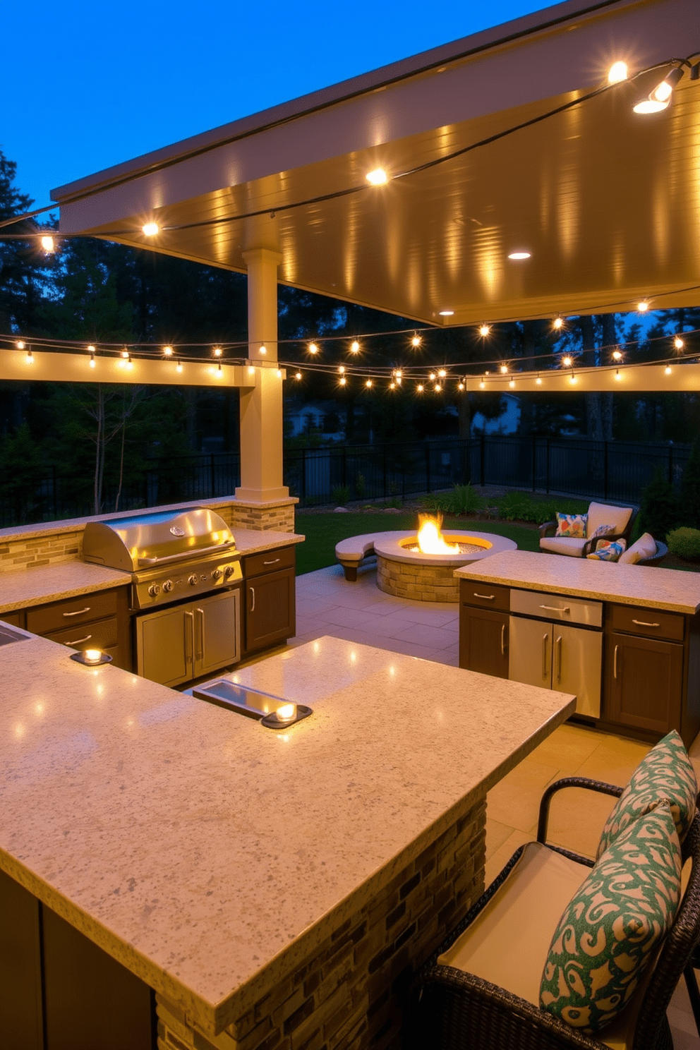 An inviting outdoor kitchen featuring a spacious island with a built-in grill and bar seating. Surrounding the island are sleek stone countertops, complemented by modern stainless steel appliances and ample storage cabinets. A cozy fire pit area is positioned nearby, surrounded by comfortable seating and decorative outdoor cushions. The space is enhanced by ambient lighting strung overhead, creating a warm and welcoming atmosphere for evening gatherings.