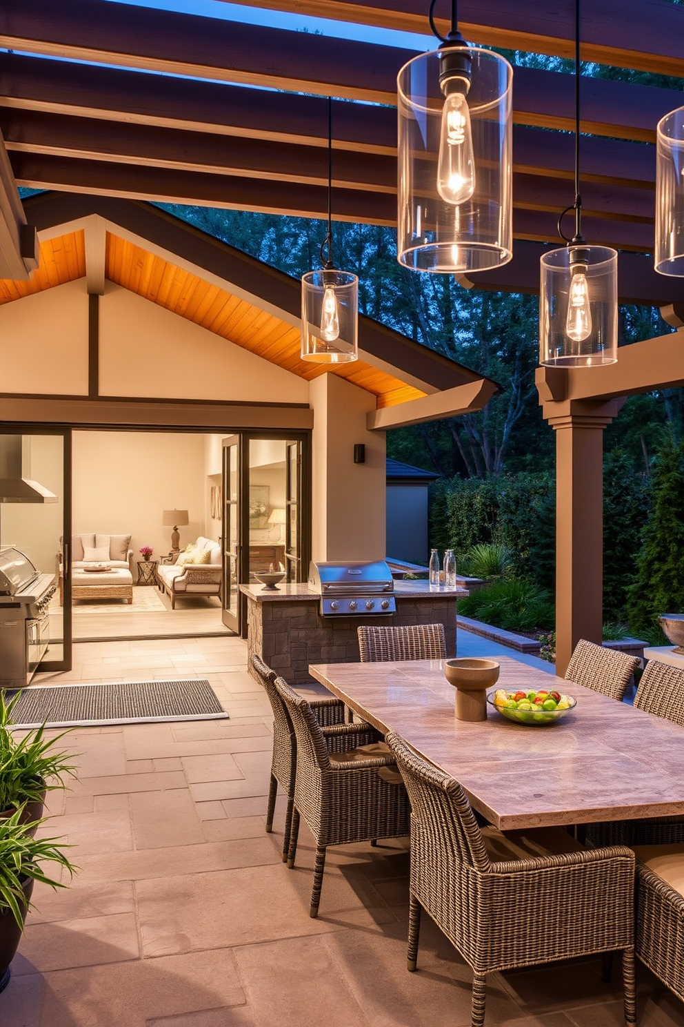 A seamless transition from indoor to outdoor living spaces is achieved through large glass sliding doors that open onto a spacious patio. The outdoor kitchen features a built-in grill, a stone countertop with bar seating, and lush greenery surrounding the area for a natural feel. The design incorporates a stylish pergola to provide shade and comfort while dining al fresco. Elegant lighting fixtures are suspended above the outdoor dining table, creating a warm and inviting atmosphere for evening gatherings.