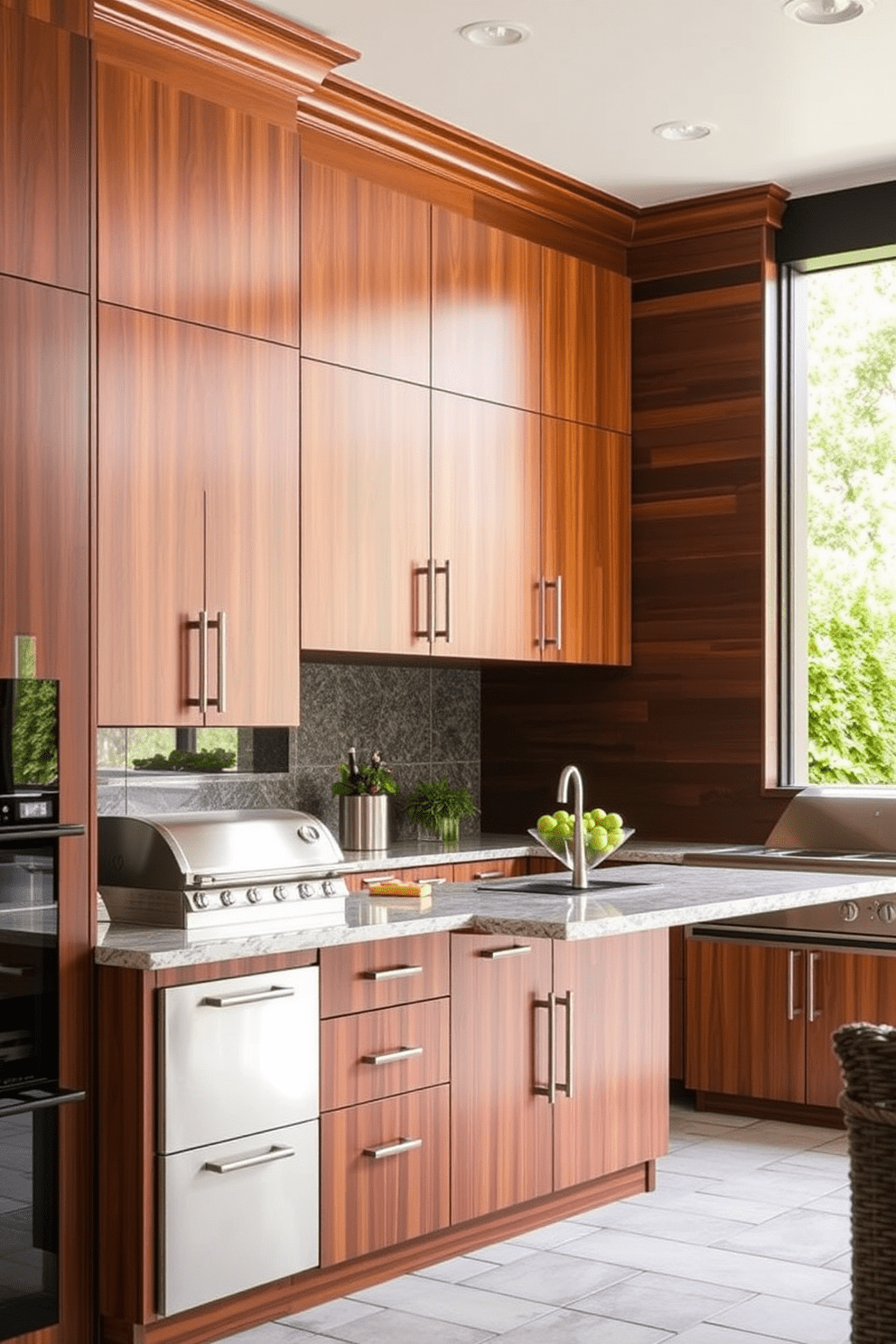 Custom cabinetry for personalized storage. The cabinetry features a blend of rich wood finishes and sleek hardware, designed to fit seamlessly into the space while maximizing functionality. Outdoor kitchen design ideas. The layout includes a spacious island with bar seating, surrounded by high-end appliances and a built-in grill, all set against a backdrop of lush greenery.