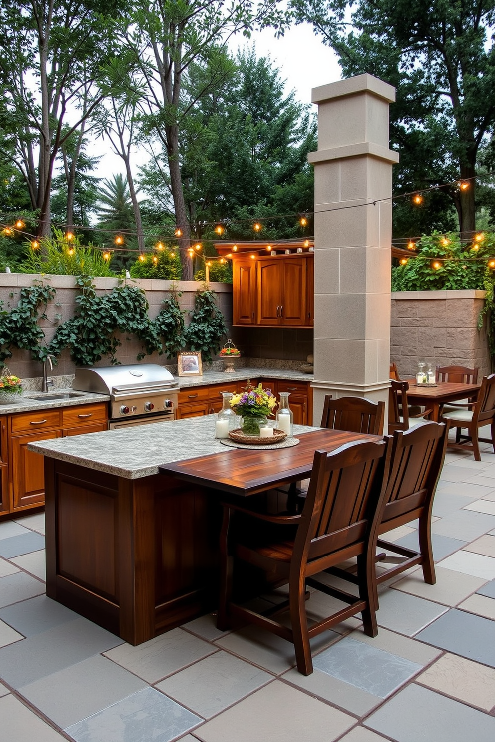 An outdoor kitchen featuring weather-resistant materials. The space includes a large stone countertop with built-in grill and sink, surrounded by wooden cabinetry for storage. A cozy dining area is set up with a rustic wooden table and comfortable chairs. Lush greenery and decorative lighting create an inviting atmosphere for outdoor gatherings.