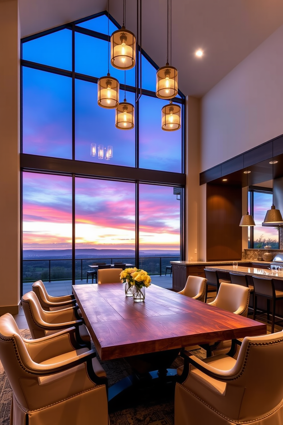 A stunning dining area with large windows that frame a breathtaking sunset view. The table is a rustic wooden piece surrounded by elegant upholstered chairs, creating a warm and inviting atmosphere. An outdoor kitchen designed for entertaining, featuring a built-in grill and a spacious countertop for food preparation. The area is adorned with stylish bar stools and ambient lighting, perfect for evening gatherings.