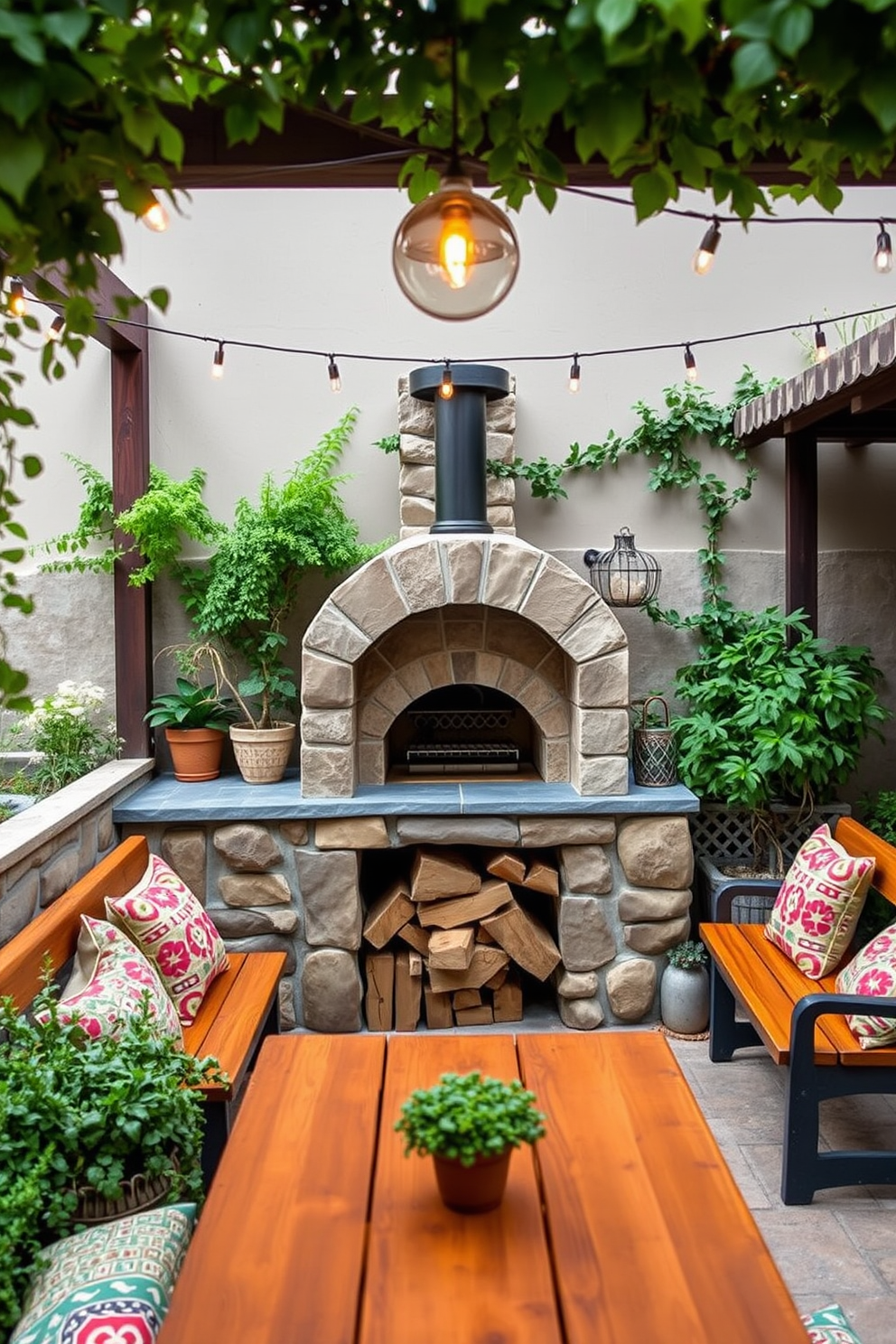 A rustic stone pizza oven is the centerpiece of this outdoor kitchen, surrounded by a charming seating area with wooden benches and colorful cushions. Lush greenery and potted herbs enhance the inviting atmosphere, while string lights overhead create a warm ambiance for evening gatherings.