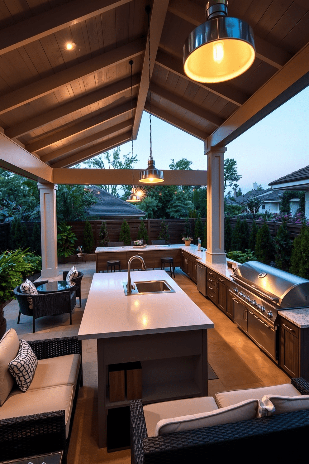 A covered patio featuring a stylish outdoor kitchen equipped with stainless steel appliances. The space includes a large island with bar seating, surrounded by lush greenery and comfortable lounge furniture. The patio is adorned with pendant lighting that creates a warm ambiance during evening gatherings. Sleek countertops and a built-in grill enhance the modern aesthetic, making it an ideal spot for entertaining guests.