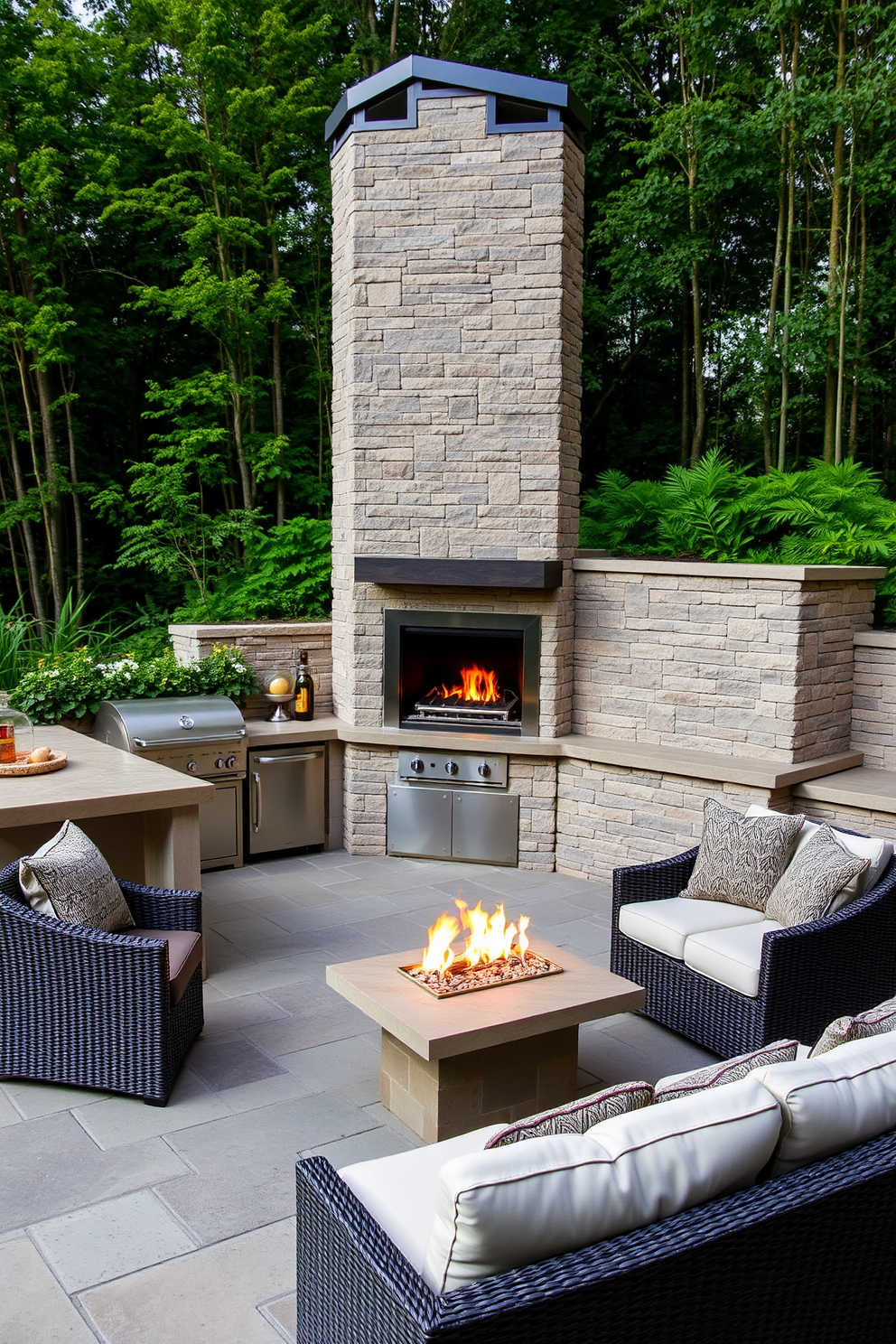 A modern outdoor kitchen featuring a sleek fireplace integrated into the design. The kitchen includes a large island with bar seating, stainless steel appliances, and a stone countertop, surrounded by lush greenery. The fireplace is built into a stylish stone wall, providing warmth and ambiance for evening gatherings. Cozy seating areas with comfortable cushions are arranged around the fireplace, creating an inviting atmosphere for entertaining guests.