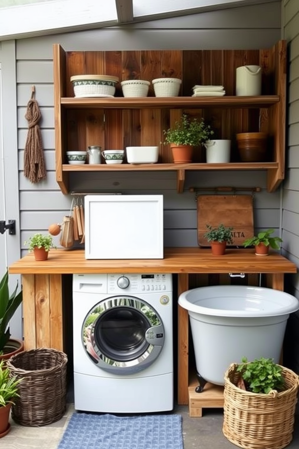 Cozy farmhouse style with wooden accents. The outdoor laundry room features a rustic wooden countertop paired with open shelving made of reclaimed wood. A vintage wash tub sits beside a modern washing machine, creating a charming contrast. Potted plants and a wicker basket add a touch of greenery and organization to the space.