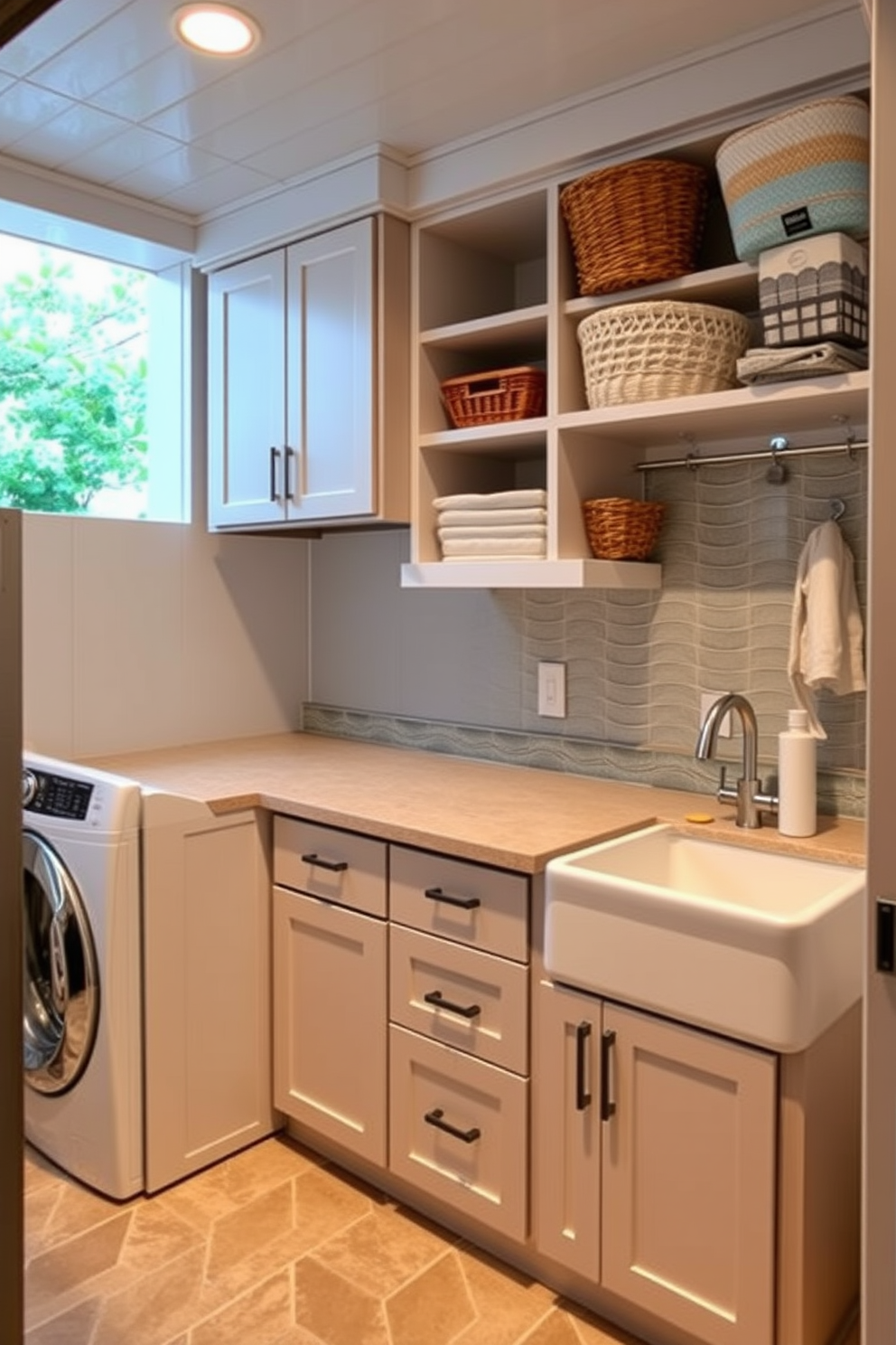 A functional folding station features a spacious countertop made of durable materials for easy maintenance. The design includes ample storage solutions such as cabinets and shelves to keep laundry essentials organized. The outdoor laundry room is designed with weather-resistant elements to withstand the elements. It incorporates a stylish backsplash and a utility sink for added convenience during laundry tasks.