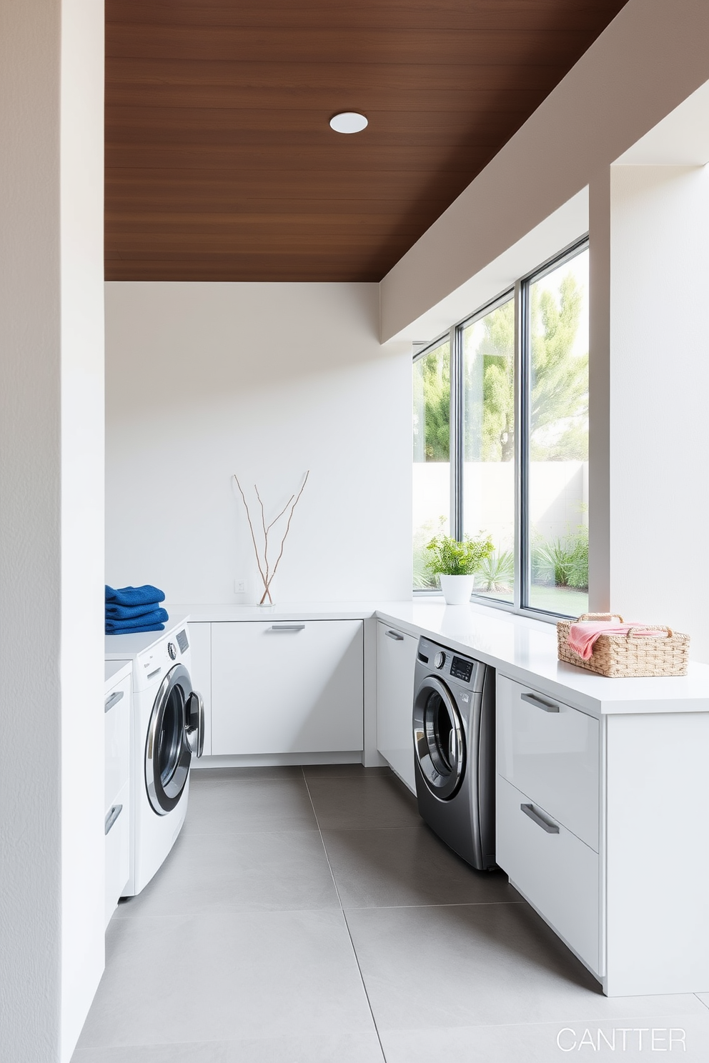 A minimalist outdoor laundry room features clean lines and a seamless integration with nature. The space includes a sleek white countertop for folding clothes and built-in cabinetry that blends into the wall, providing ample storage without clutter. Natural light floods the area through large windows, creating an airy and open atmosphere. The flooring consists of durable, easy-to-clean tiles that enhance the minimalist aesthetic while being practical for outdoor use.