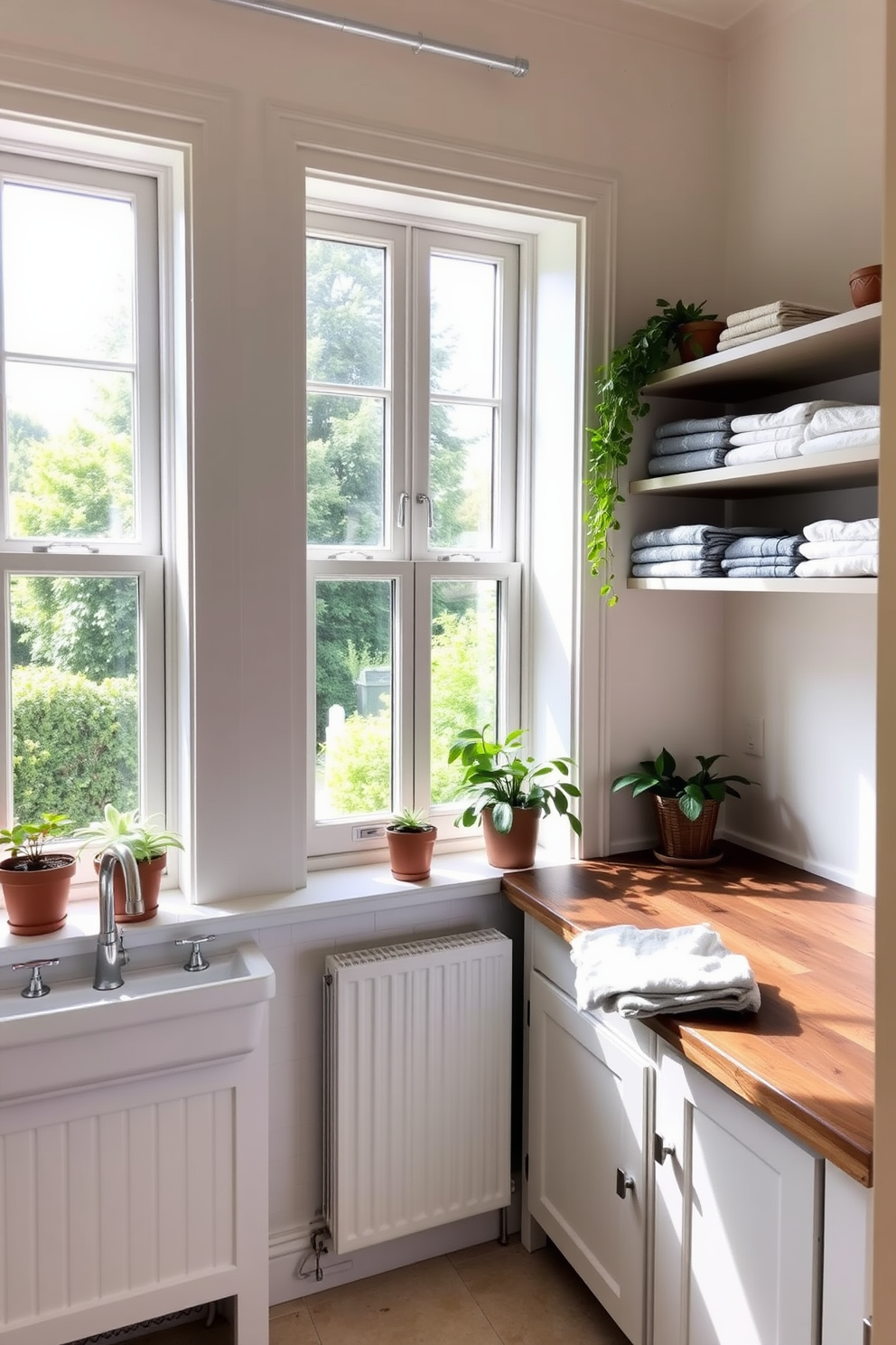 A bright and airy laundry room with large windows overlooking a lush garden. The space features a farmhouse sink, open shelving with neatly folded towels, and a rustic wooden countertop for folding clothes. The walls are painted in a soft pastel color to enhance the natural light. Potted plants are placed on the windowsill, adding a touch of greenery and freshness to the room.