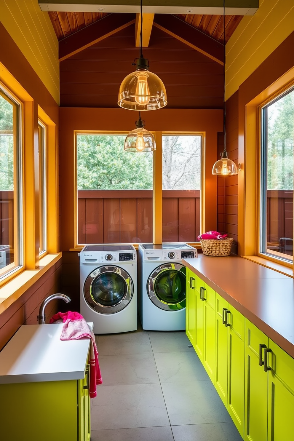 Bright lighting fixtures create a cheerful vibe in the outdoor laundry room. The space features large windows that allow natural light to flood in, complemented by stylish pendant lights hanging from the ceiling. The laundry room includes a functional countertop for folding clothes, made of weather-resistant material. Brightly colored cabinets provide ample storage and enhance the overall cheerful aesthetic of the space.