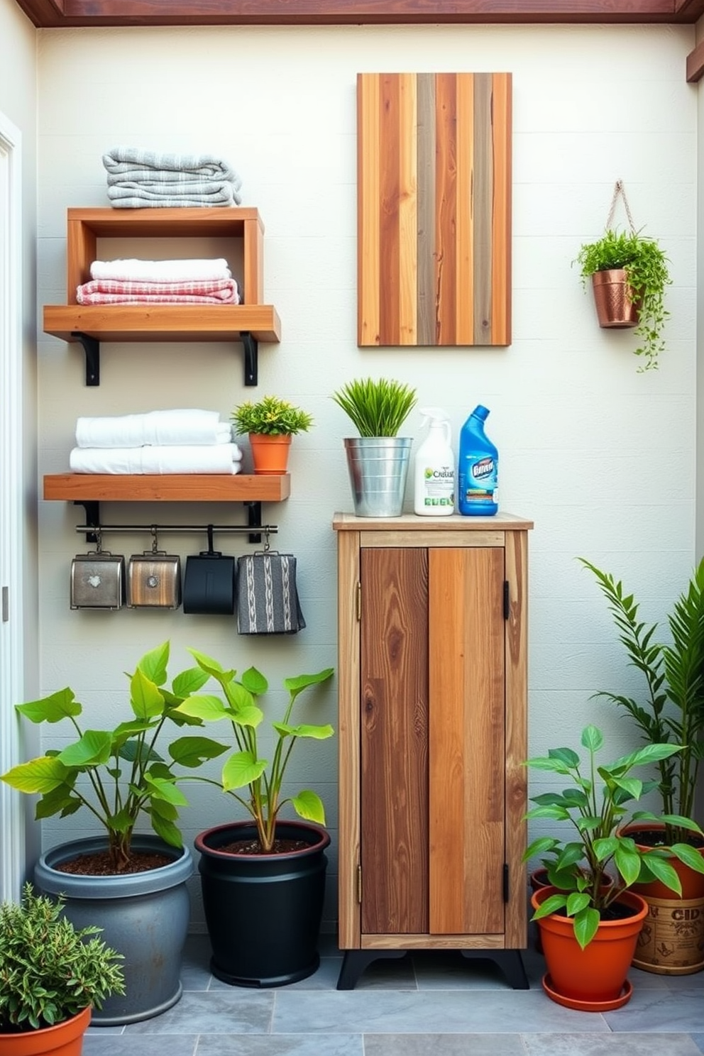 A stylish outdoor laundry room featuring vertical storage solutions. Shelves made of reclaimed wood are mounted on the wall, displaying neatly folded towels and laundry essentials. A tall cabinet with a rustic finish stands in the corner, providing ample space for cleaning supplies. Bright potted plants add a touch of greenery, enhancing the inviting atmosphere of the space.