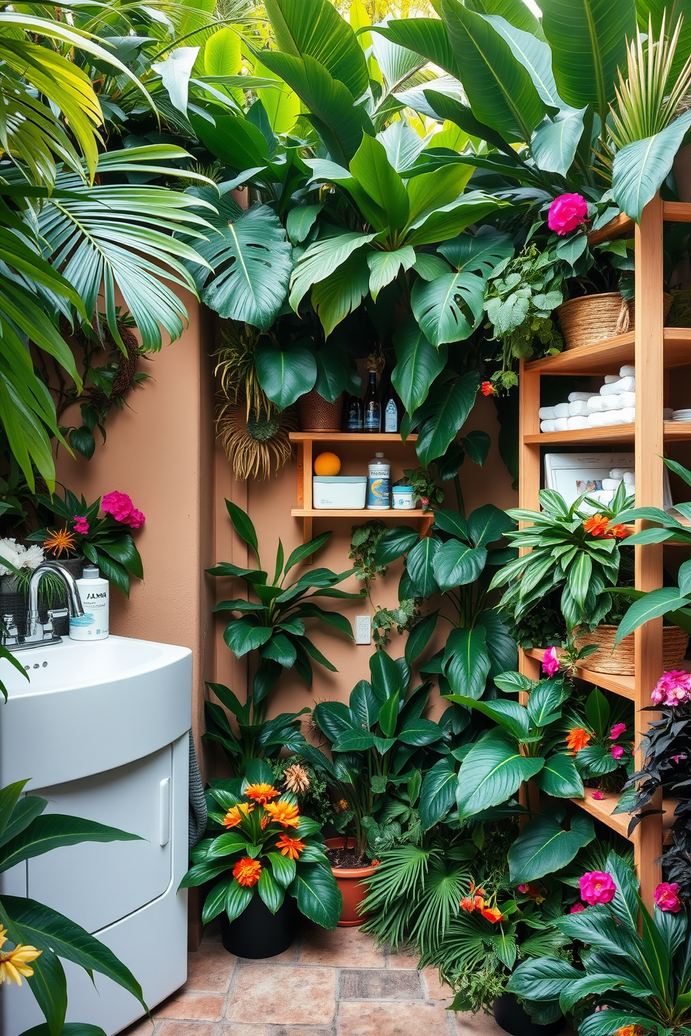 A serene outdoor laundry room filled with tropical plants creating a fresh and vibrant atmosphere. The space features a large utility sink surrounded by lush greenery and colorful flowers, enhancing the natural beauty of the setting. The walls are painted in a soft, earthy tone, complementing the greenery. Functional storage solutions are incorporated seamlessly, with wooden shelves displaying neatly organized laundry supplies amidst the plants.