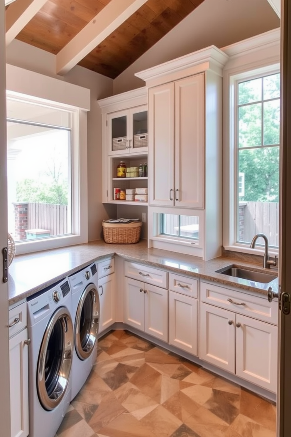 A spacious outdoor laundry room features built-in cabinetry for organized storage. The cabinetry is crafted from weather-resistant materials and painted in a soft white hue, providing ample space for laundry essentials and outdoor supplies. Natural light floods the room through large windows, enhancing the bright and airy atmosphere. A stylish countertop made of durable stone offers a functional workspace for sorting and folding laundry.